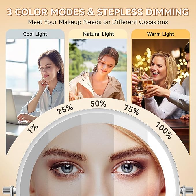 Auxmir 1X/20X Wall Mounted Makeup Mirror with Light, 8" Rechargeable Double-Sided Magnifying Mirror, Vanity Mirror Dimmable 3 Color Light, 360° Extension Rotation Foldable 14.5 Inch Arm, Chrome