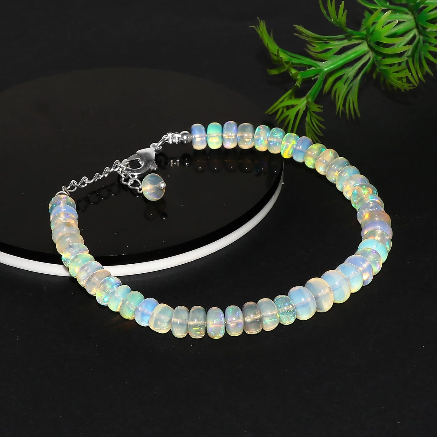 CRYSTALIS Natural Ethiopian Opal Adjustable Bracelet, Real Gemstones, Chakra Healing Stones, Gift Giving Jewelry, Silver Plated Womens Bracelet 8 inch