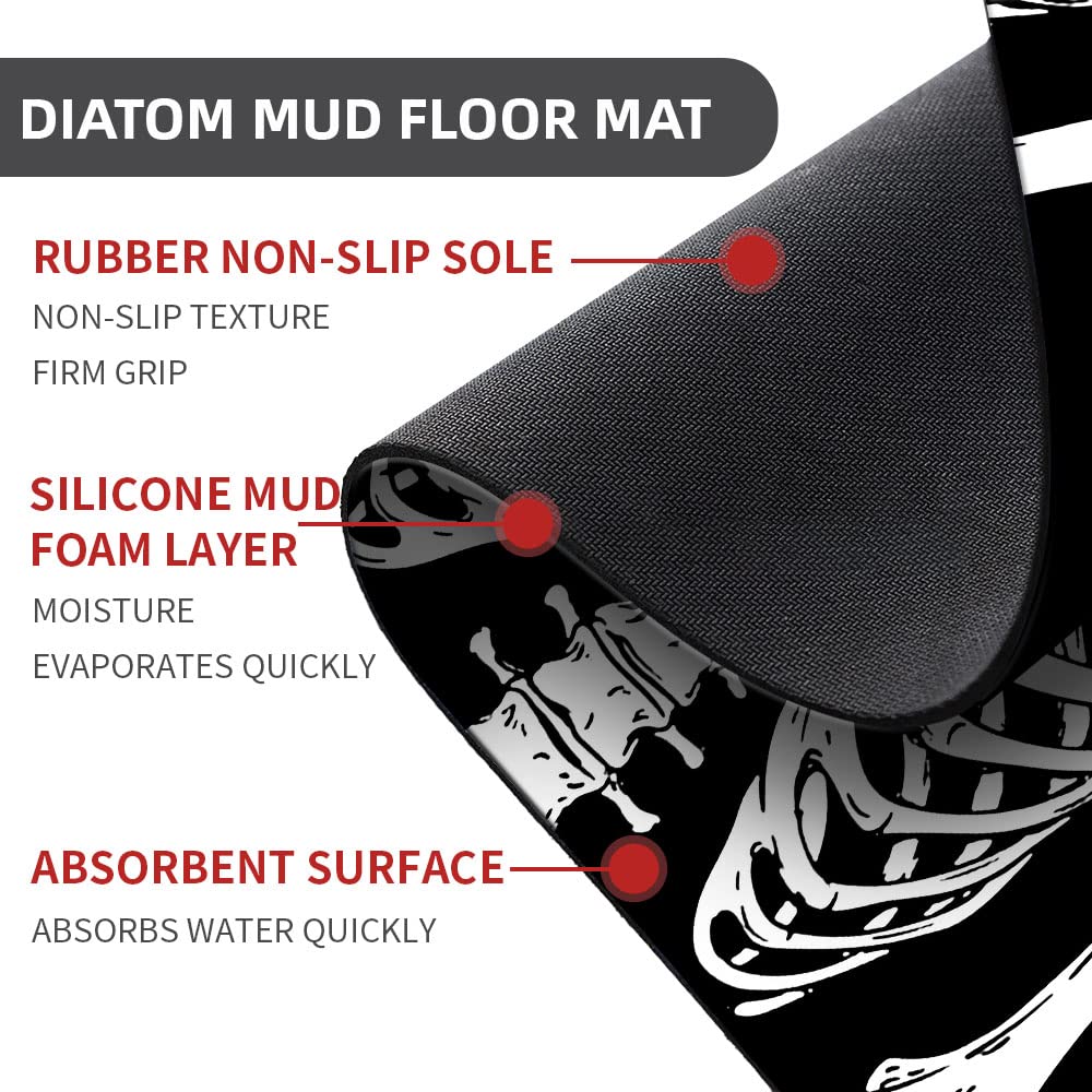 ZHUZHISHAN Diatomaceous Earth Bath Mat,Black Funny Skull Non-Slip Volume Super Absorbent Fast Drying for Bathroom Kitchen Door mat,Eco-Friendly Easy to Clean 16×24Inch (40 * 60cm)