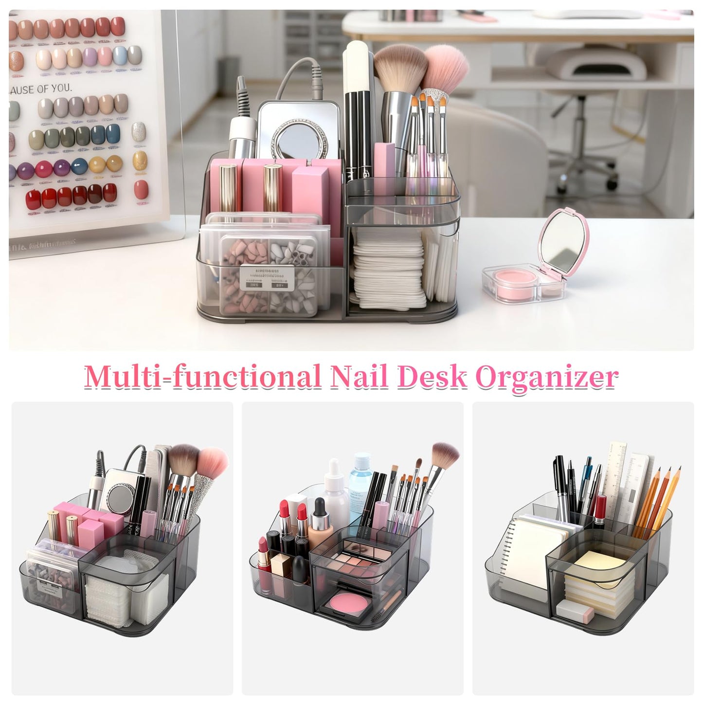 BQAN Transparent Acrylic Nail Desk Organizer with Spinning Drawer, Drill & Brush Holder, Desktop Manicure Tool Storage for Nail Techs, Makeup, Skin Care (Black) - Professional Salon or Home Use