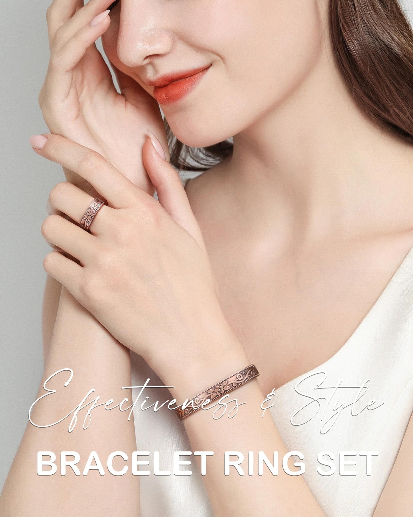 Feraco Copper Bracelet & Lymphatic Drainage Rings for Women, Vintage Flower Magnetic Cuff Bangle, 99.99% Pure Copper with Neodymium Magnets, Adjustable with Gift Box