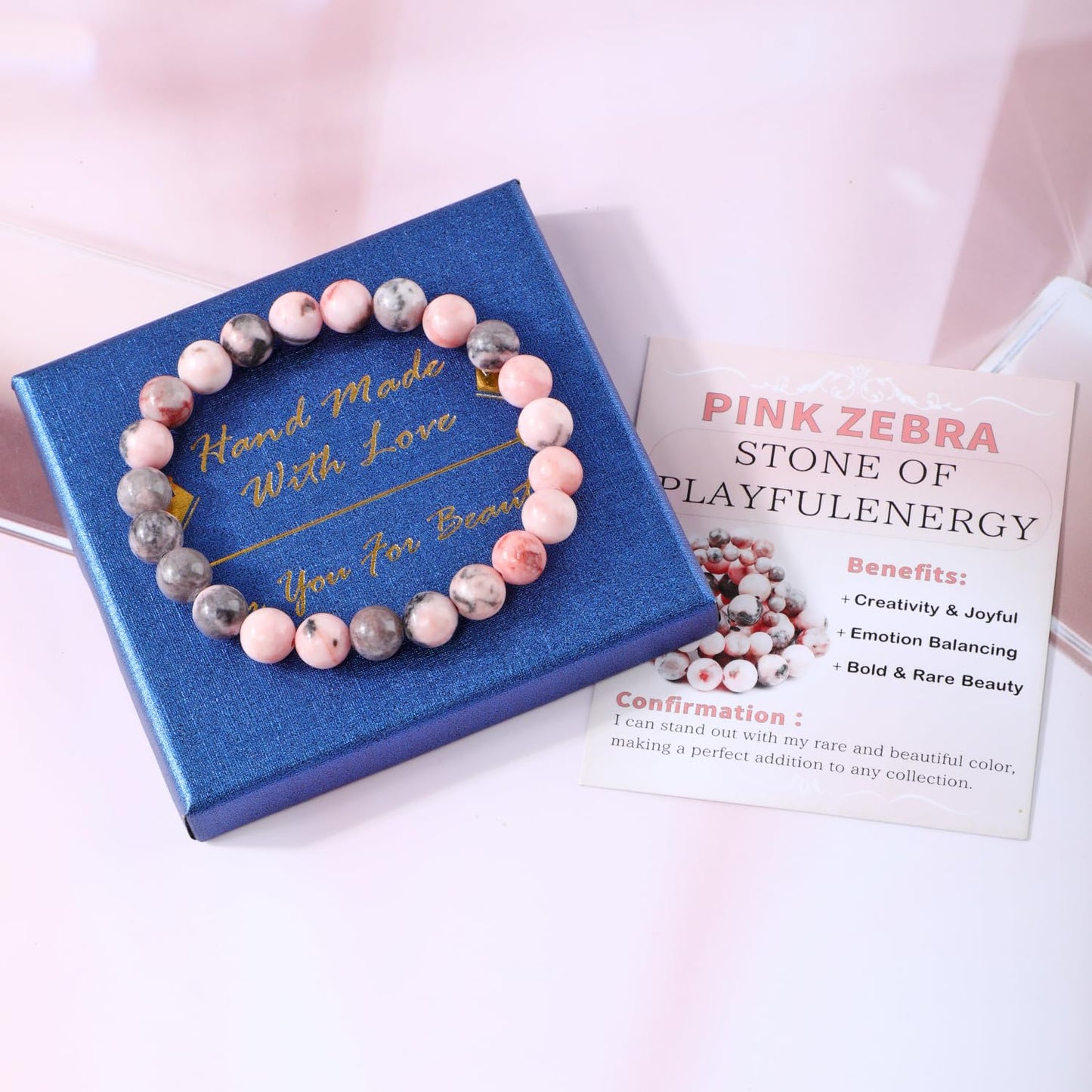 Bymitel 8mm Pink Zebra - Handmade Reiki Gemstone Stretch Bracelet, Natural Beauty & Spiritual Essence, Crystal Healing for Unisex Adults