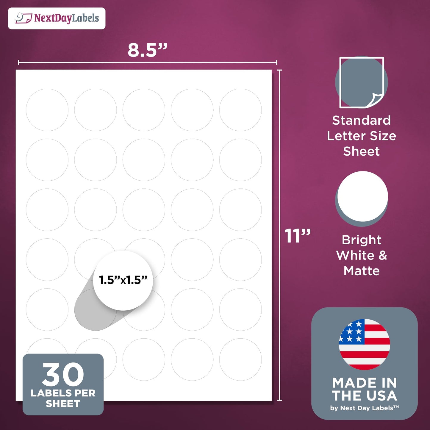 NextDayLabels 1.5 Inch Round Circle Stickers White Blank Labels for Laser Inkjet Printer - 30 Per Sheet Self-Adhesive Jar Candle Product Made in USA - 750 Labels