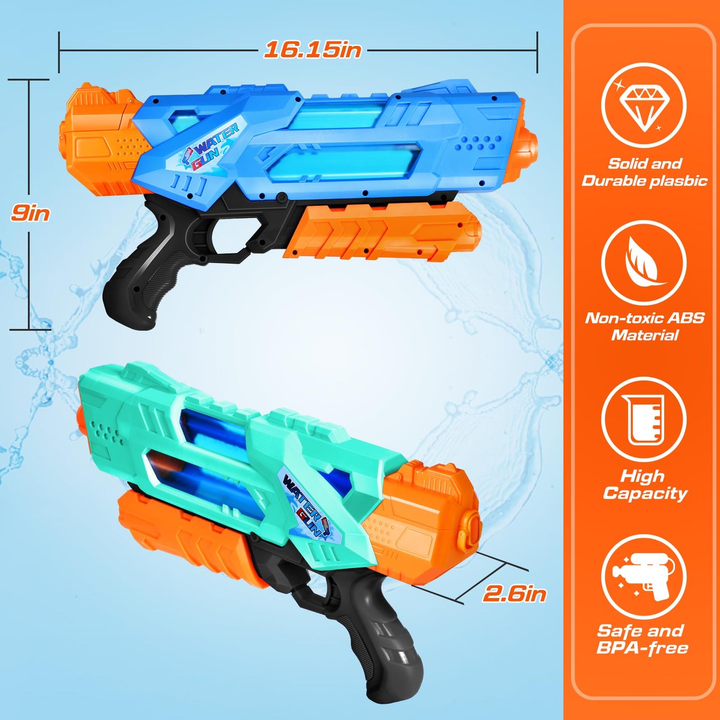 Quanquer Super Water Guns for Adults - 2 Pack Super Guns Water Soaker Blaster Squirt Toy 1200cc with Excellent Range - Gift Toys for Outdoor Swimming Pool Fighting Play (Blue Green)