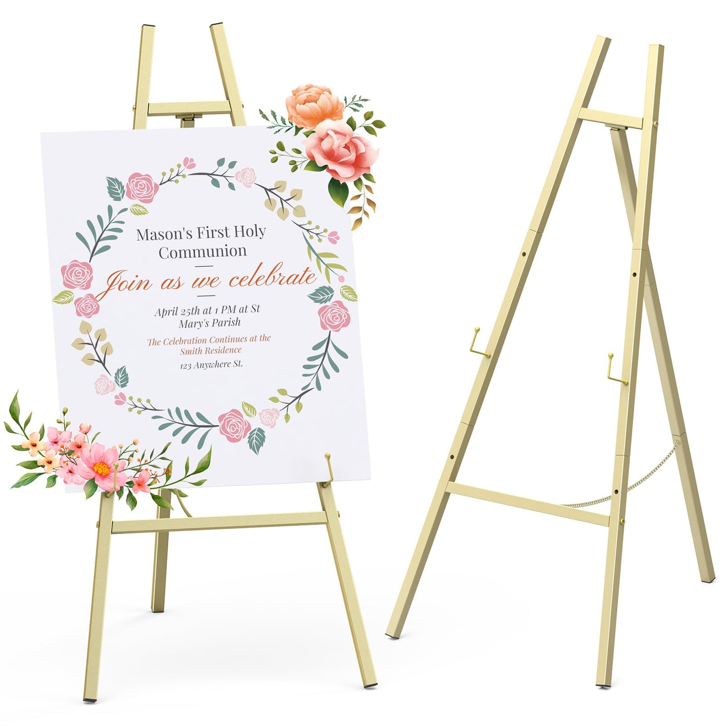 Gold Metal Easel Stand 46.7", Heavy Duty Floor Display Easel, Adjustable 4-Tier with Chain Support, Wedding Welcome Sign Holder, Poster Stand, Easy to Assemble, Assembly Required (1 Pack)