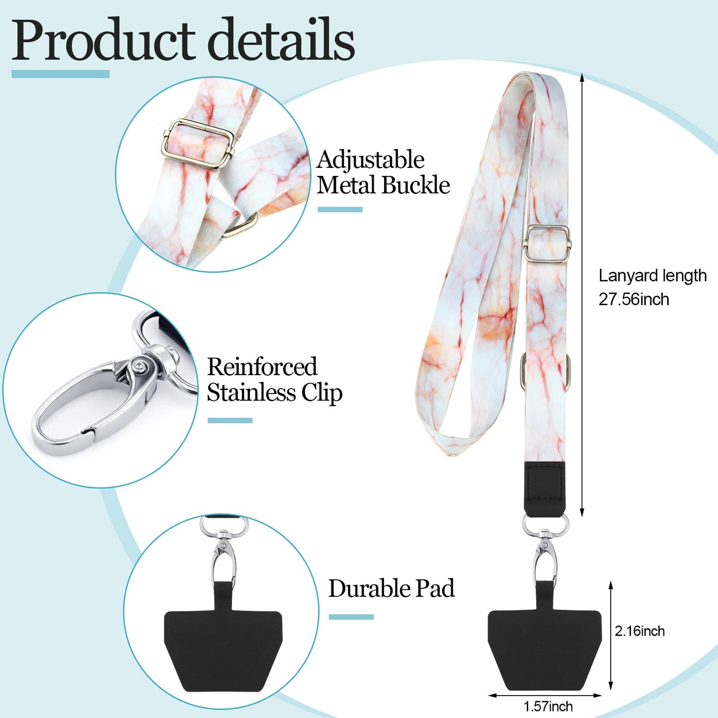 Chinco 5 Pcs Crossbody Cell Phone Lanyards Universal Adjustable Neck Strap and Phone Patches Compatible with Most Smartphones(Marble Pattern,Bright Color)