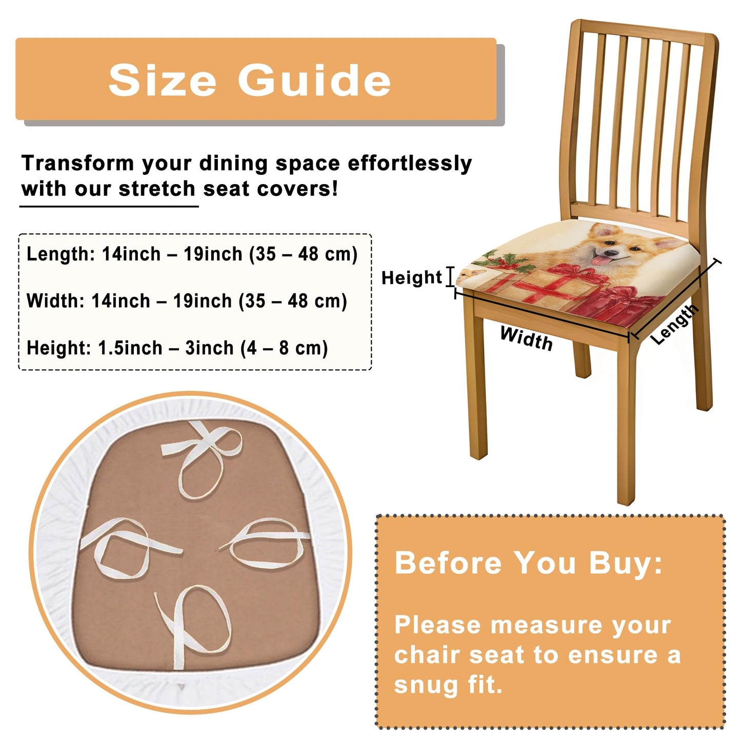Corgi Holiday Chair Seat Covers, Stretch Spandex Washable Cushion Slipcovers with Gift Boxes Design, Festive Decorative Covers for Home Dining Decor 4pcs