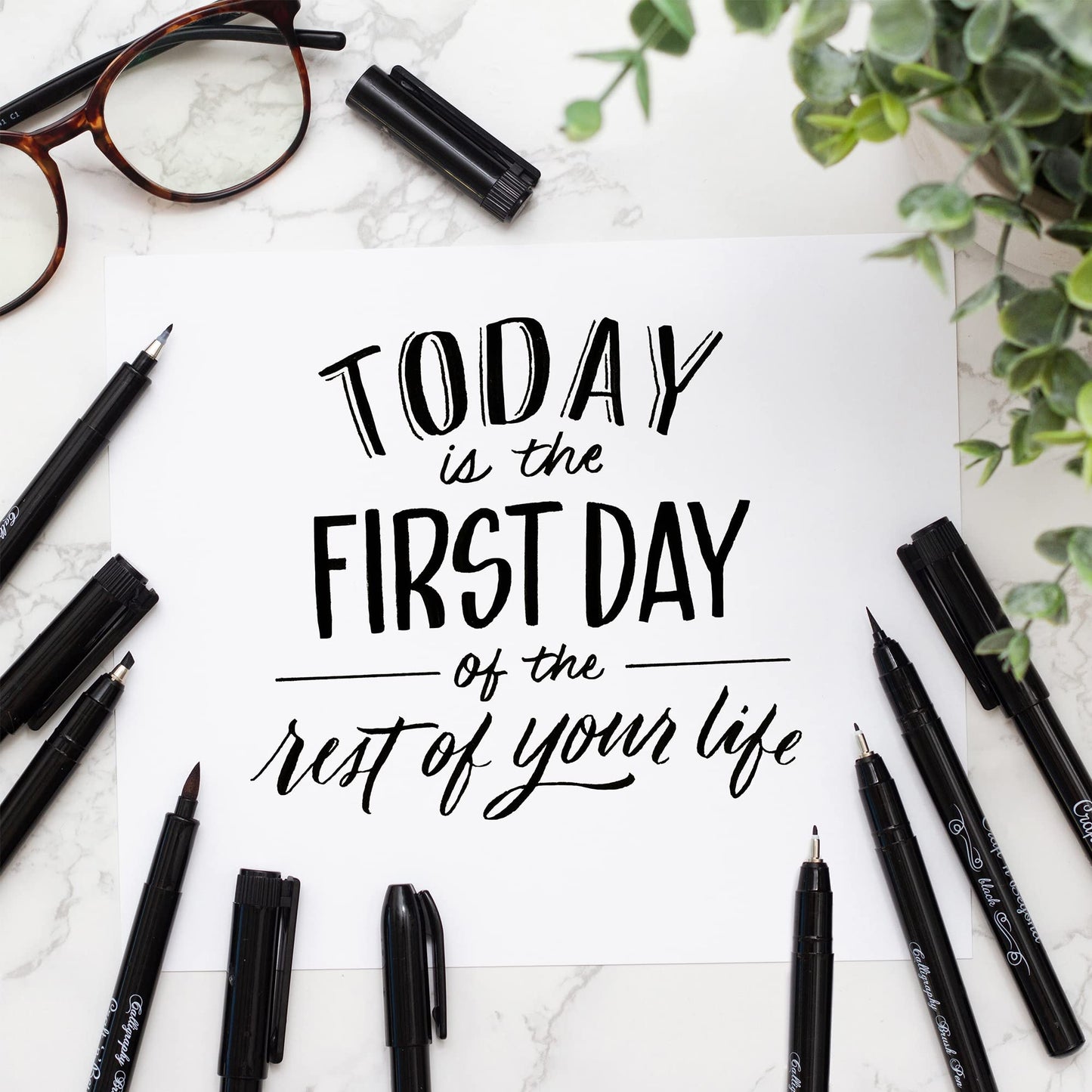 Craft 'n' Beyond Calligraphy Brush Pens Pack of 10 Markers for Hand Lettering, Art Drawing, Sketching, Scrapbooking, Writing, Journaling tip - Beginner Kit with Fadeproof Black Ink