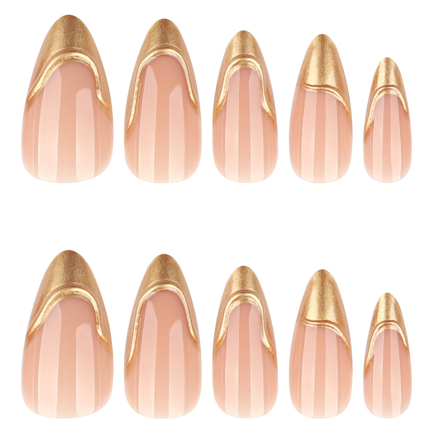 RUOKEXIN Almond Press on Nails French Tip Fake Nails Gold False Nails with 3D Designs Medium Length Nail Press ons Sparkly Artificial Nails for Women 24Pcs