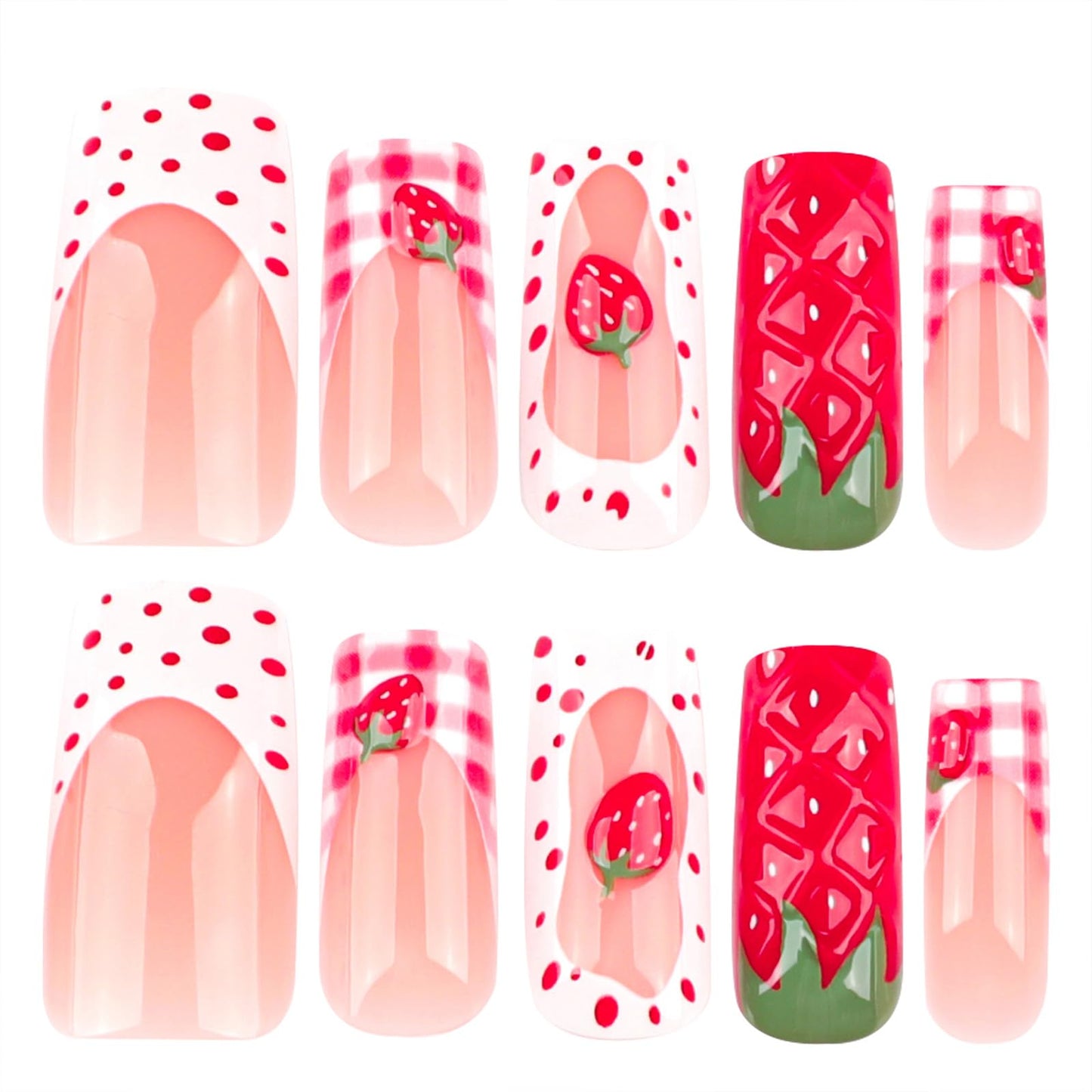 Strawberry Press On Nails Long Square 24pcs, Cute Fruit False Nails with Red Strawberry 3D Design, Pink Gingham French Tips Fake Nails, Glossy Stick On Acrylic Nails Reusable Nail Kit for Women Girls