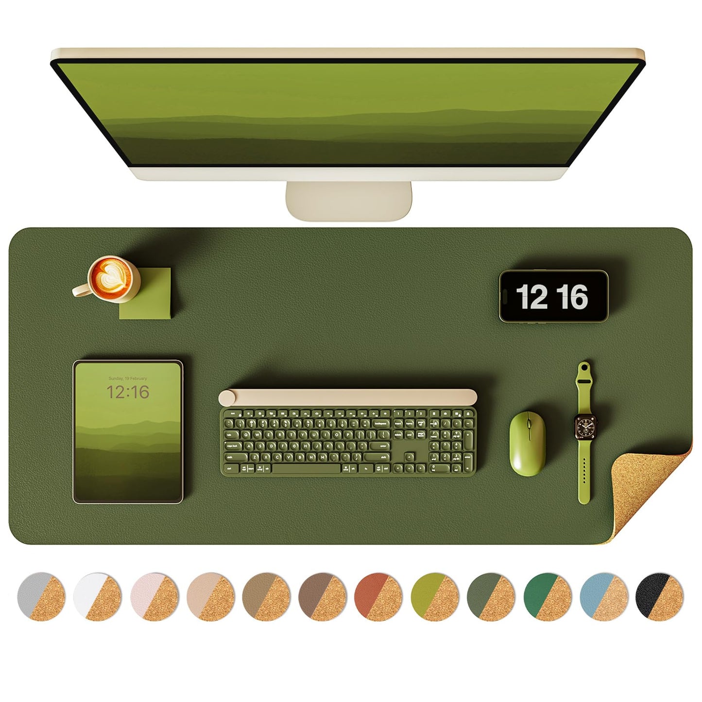 YSAGi Double-Sided Desk Pad, 31.5"x15.7"Leather Desk Mat, Eco Cork Desk Pad Protector,Large Mouse Pad,Waterproof Desk Blotter for Office/Home(Olive Green)