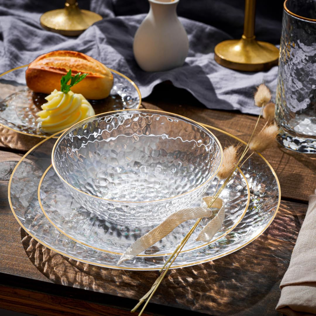 R-kay 100 Pack Clear Plastic Plates - 6.25 IN Hammered Gold Rimmed Sturdy, Durable And Extra Heavy duty Gold Plastic Dessert Plates Disposable - Ideal For Appetizer And And For Desserts.