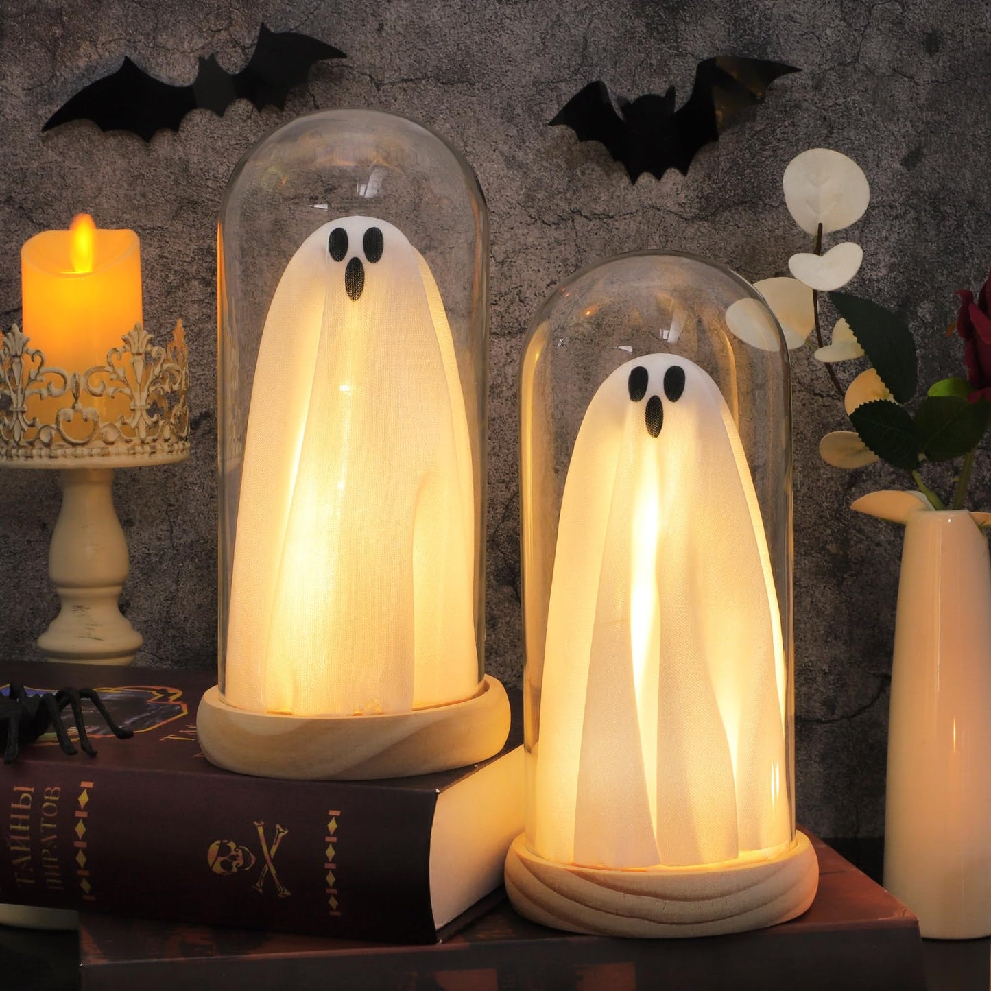Halloween Decorations Indoor, Light Up Ghosts in Glass Domes with Wood Base, Cute Halloween Decor for Table, Fireplace, Bookshelf – Spooky Halloween Decor Kit (2 Pack)