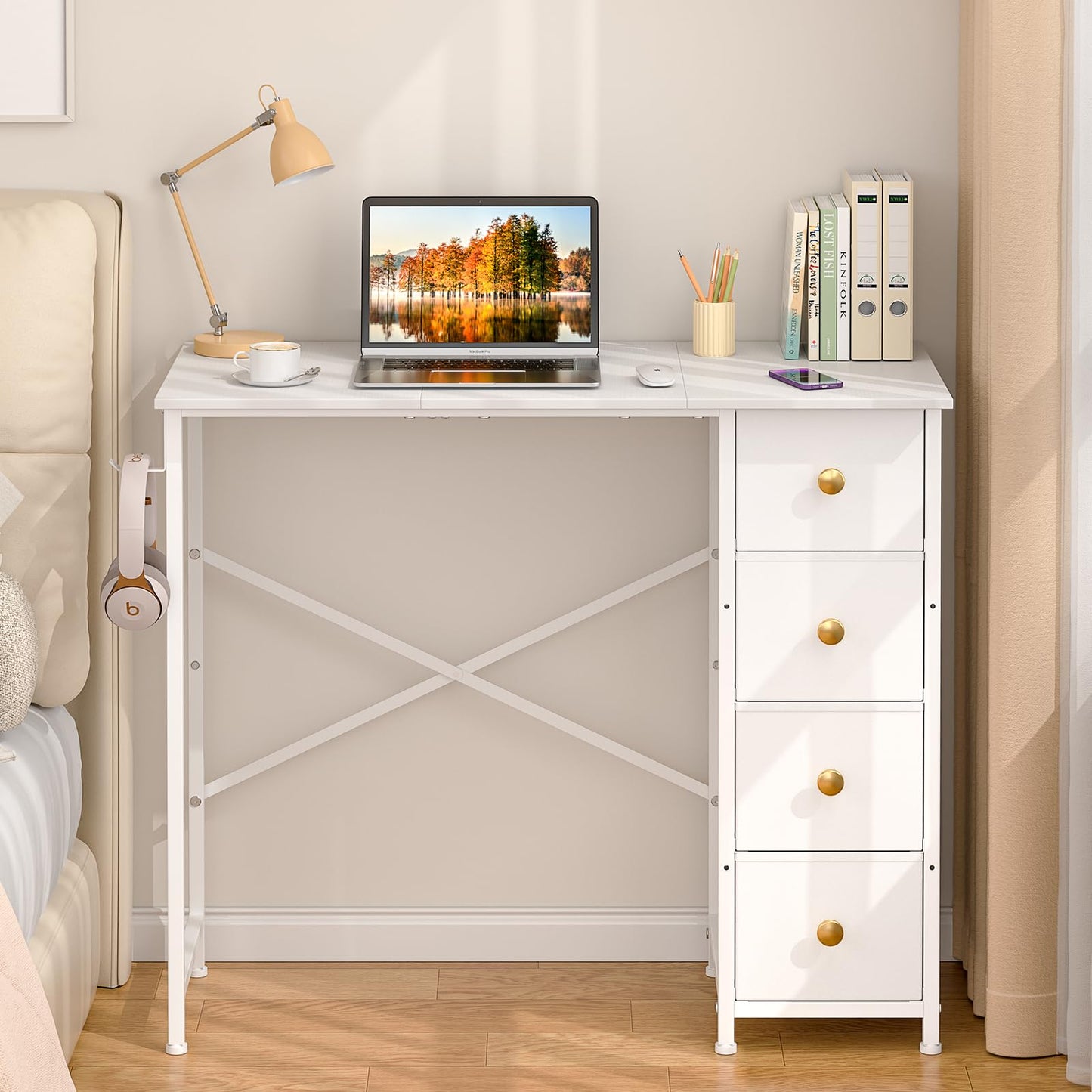 Small White Desk with Drawers for Bedroom, 35.4 Inch Kids Girls Teens Student Writing Desk with Storage, Reversible Study Table, White Computer Desk for Home Office, Makeup Vanity Desk for Small Space