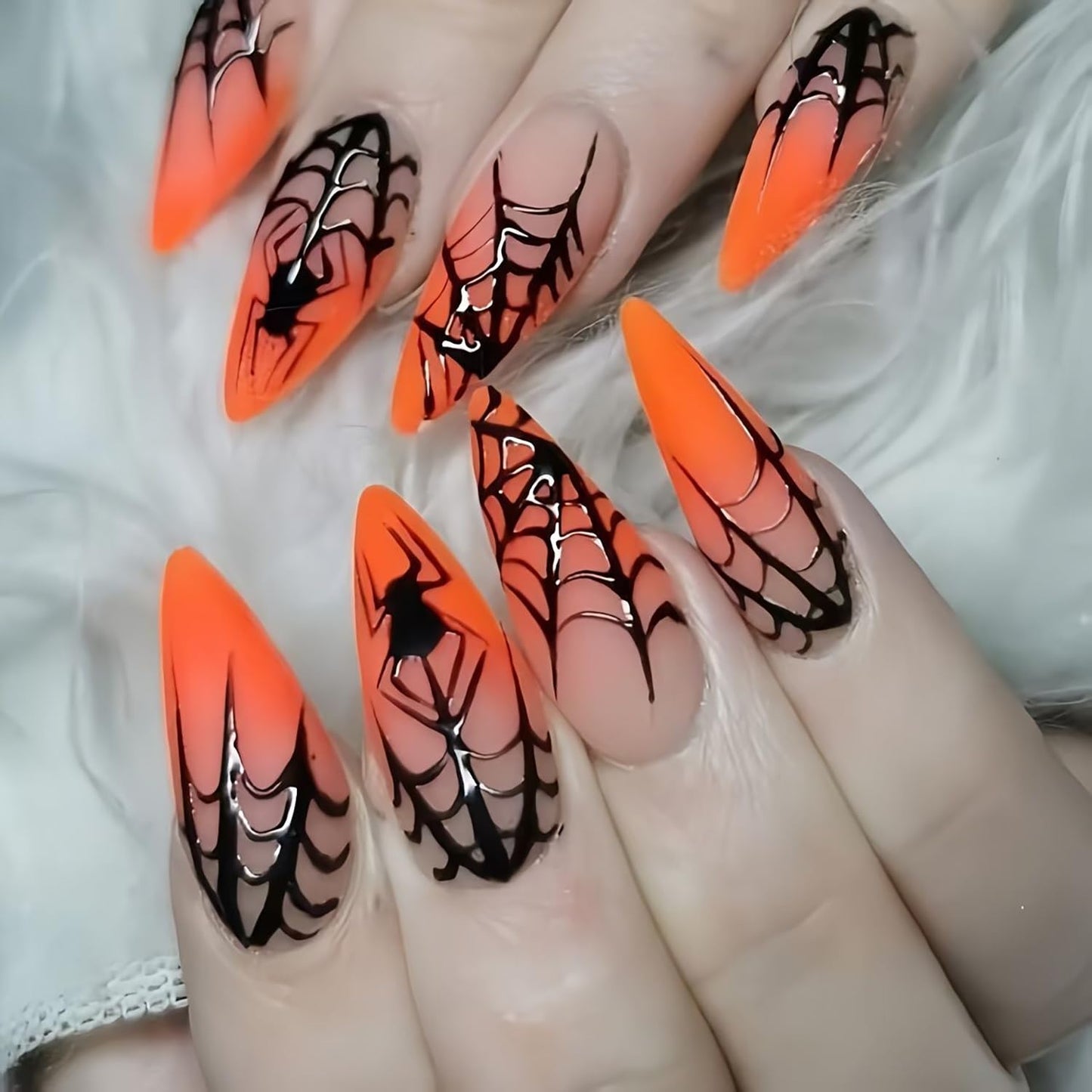 CJDLTS Halloween Spider Press on Nails Medium Almond Black Spider Web Spider Design Orange Gradient Halloween Nail Artificial Acrylic False Nails Full Cover Glossy Glue on Nails for Women 24Pcs