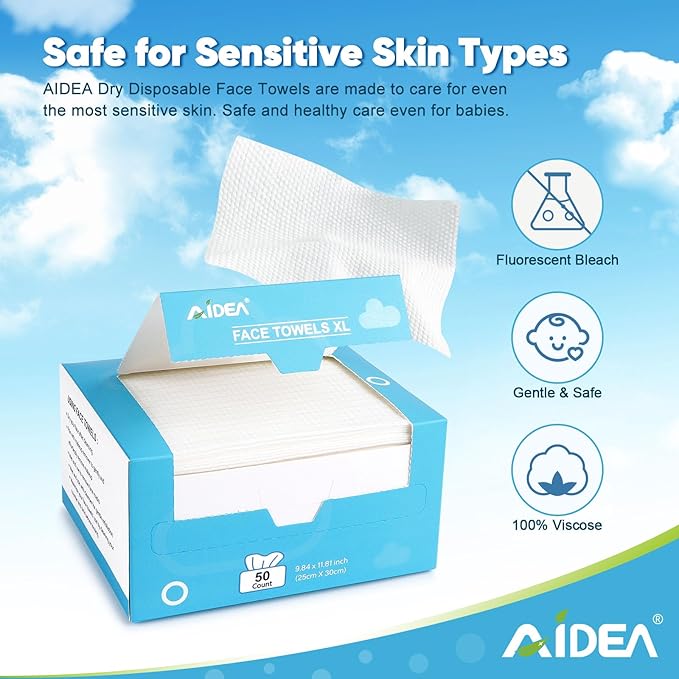 AIDEA XL Face Towels Disposable-200Ct (4 Box), Clean Facial Cloths, Facial Cleansing Wipes for Sensitive Skin, Face Towelettes for Makeup Removing, Nursing, Travel, Dry Wipes 9.84"×11.81"
