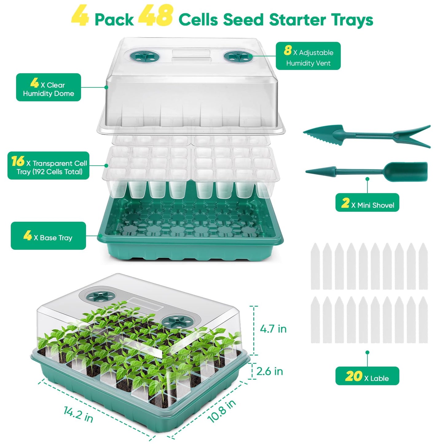 Eglotes 192 Cell Seed Starter Tray, Seed Starter Kit with Adjustable Humidity Dome, Seed Starting Trays Plant Starter Kit for Seeds Growing Starting, Indoor Gardening, Greenhouse