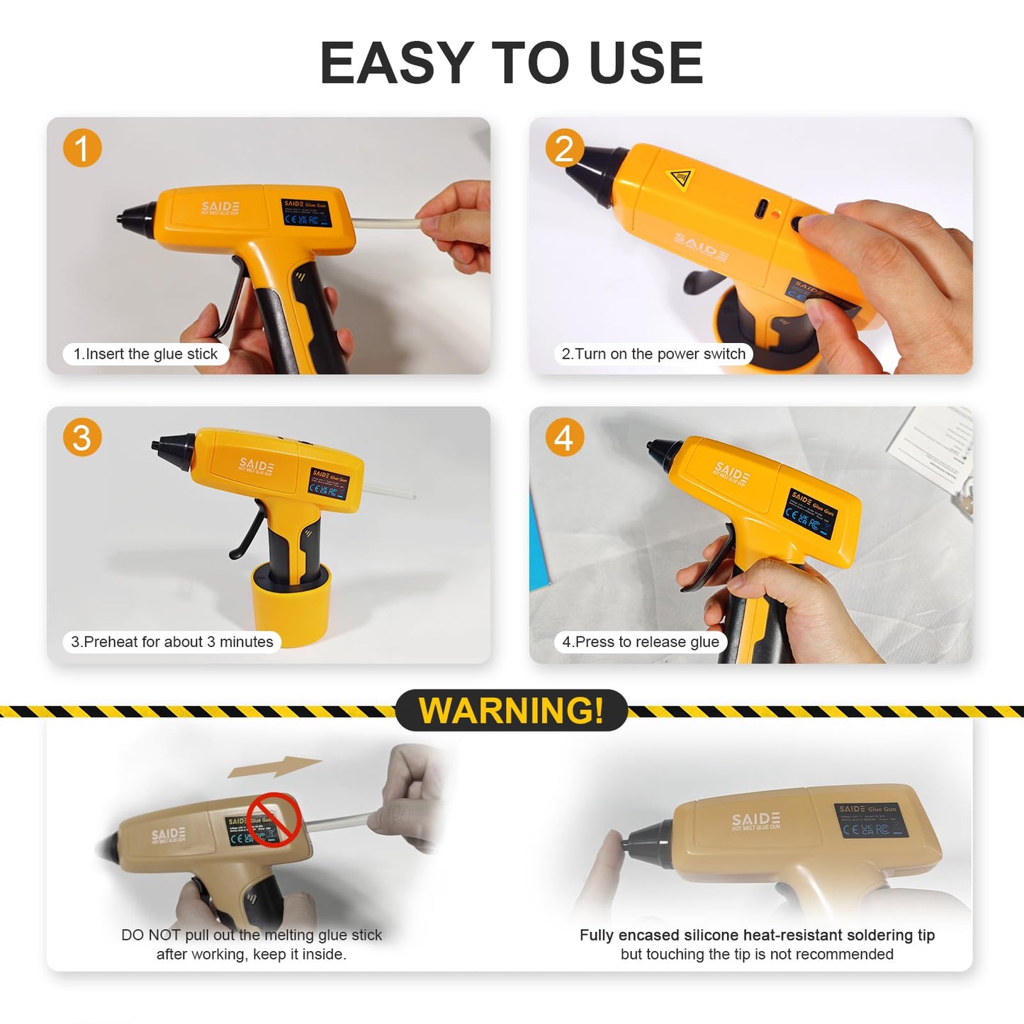 Cordless Hot Glue Gun Kit, Wireless Mini Glue Gun Fast Heating, Rechargeable Battery Powered, Portable Craft Glue Gun for DIY Crafts, Home Repair, Quick Fix, Wood Plastic Fabric，Yellow