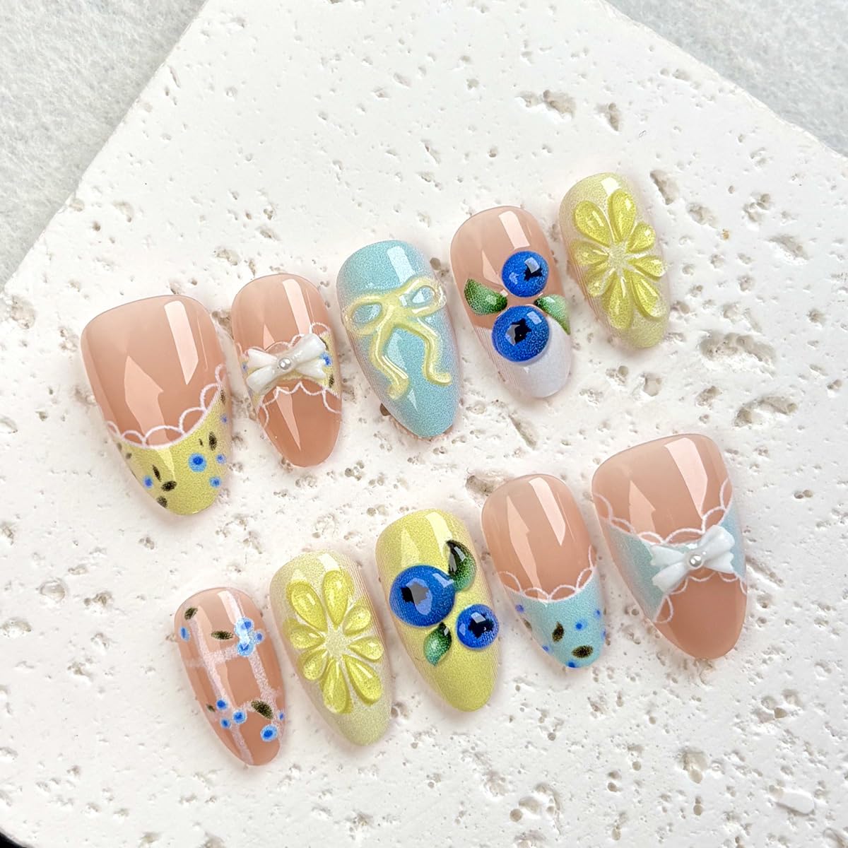 30Pcs Summer Press on Nails Medium Almond Fake Nails 3D Cute Blueberry Lemon Press Ons Glossy Design Stick on Nails French Tip False Nails Reusable Holiday Fruit Glue on Nails for Women Acrylic DIY