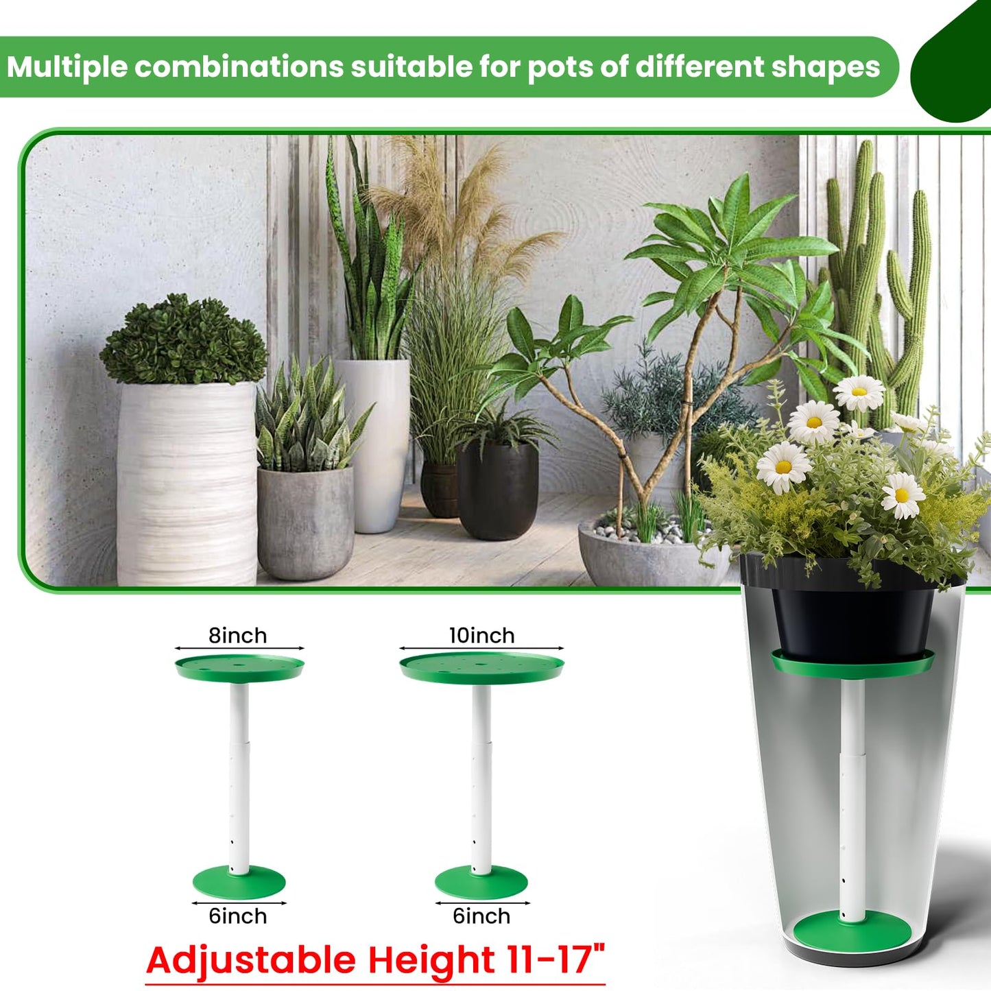 Somcthao Adjustable Height Planter Inserts for Large Pots, Tall Tapered Plant Riser for Inside Pots, (11-17” Rise, 6" Base, 8" or 10" Top) (1-Pack Short Lift 11-17” Rise)