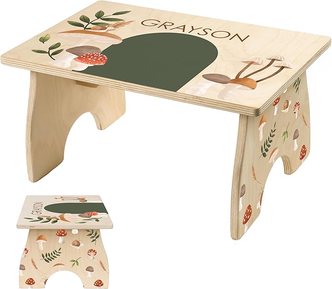 Step Stool for Toddlers- Personalized Wood Kids Step Stool with Name for Kitchen Sink, Bathroom, Potty Training, Toilet, Kitchen Sink- Sturdy and Safe- Made in USA by BloomOwl (Mushroom)