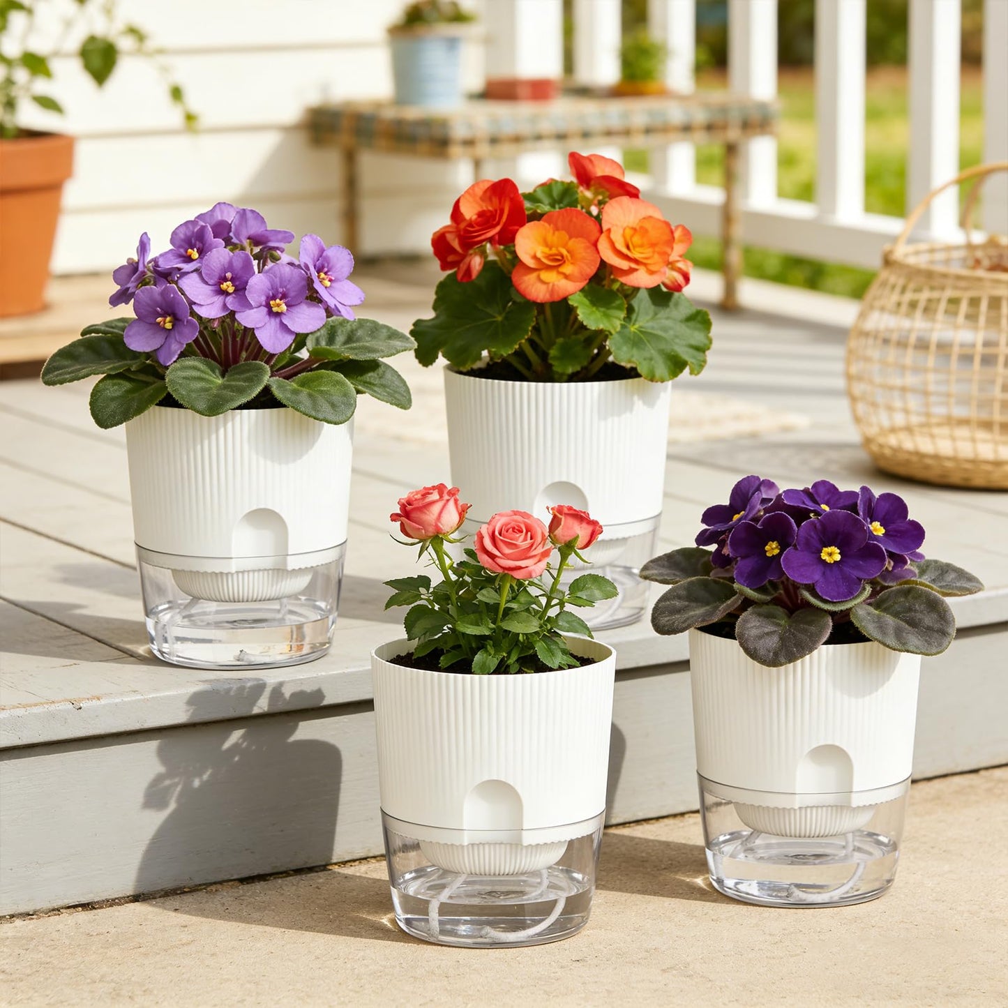 Samhe Plant Pots, 4 Pack 5.7 Inch Self Watering Pots for Indoor Plants, Flower Pots with Deep Reservoir and Drainage Holes - White