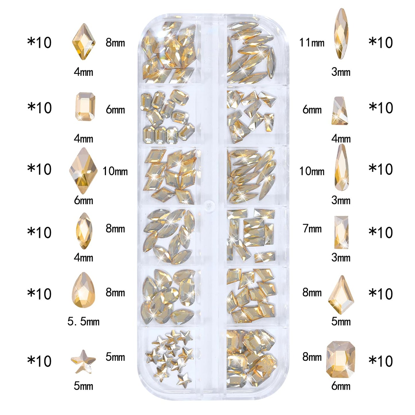 Nail Rhinestones - 3D Multi Shape Size, Flat Back, Manicure Rhinestones Charms, Champagne Gold Gems, with Kit, for Nail Art, Bedazzling Acrylic Nails, DIY Decor