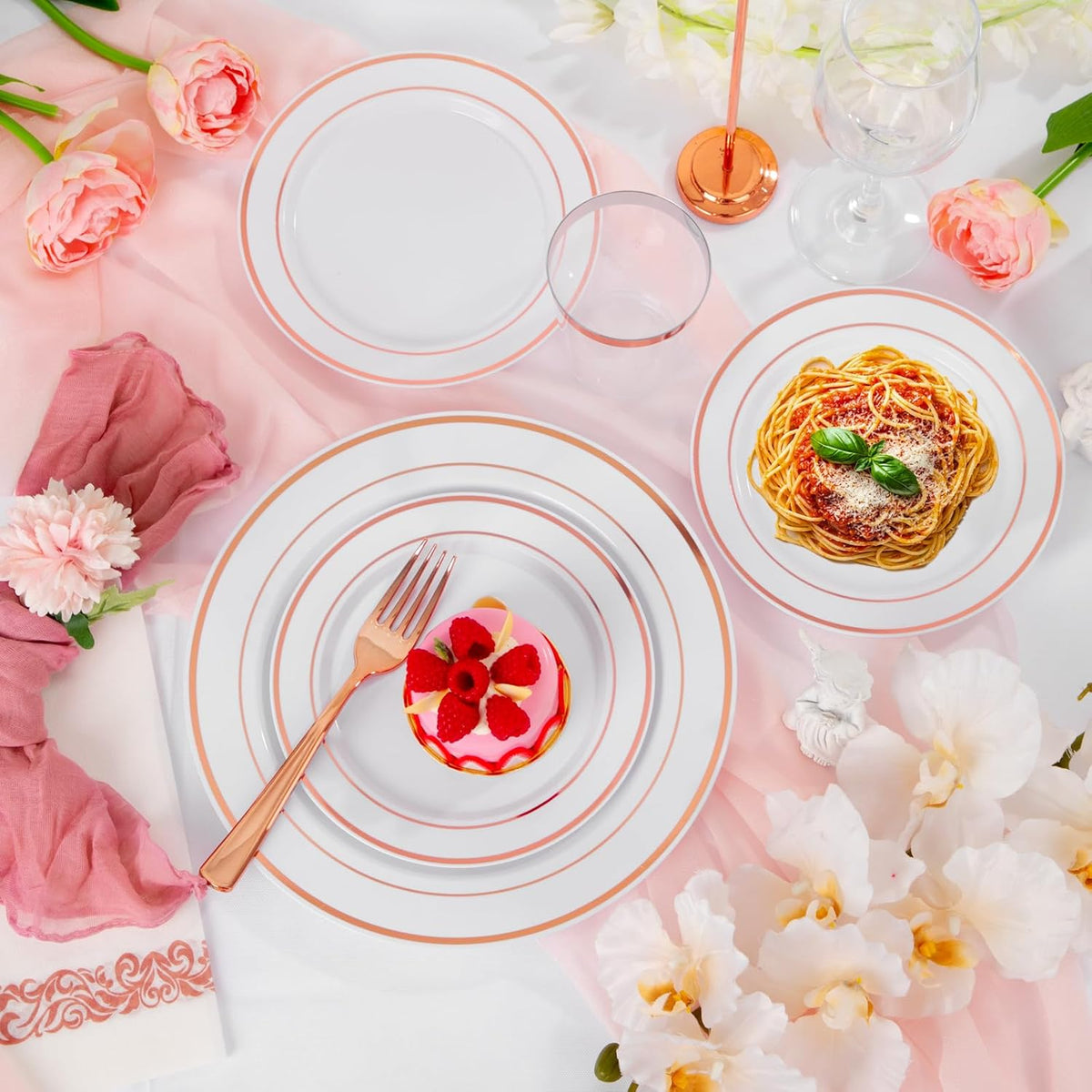 Supernal 400pcs Rose Gold Plastic Plates Disaposable Heavy Duty included Disposable Utensils& Plastic Party Plates Disaposable Party Cups and Napkins Sets for Wedding Party and Birthday