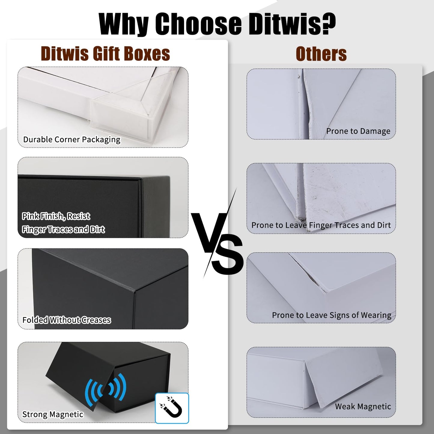 Ditwis 4 Pack 10x7x5 Inches Gift Boxes with Magnetic Closure Lids, Black Magnetic Box for Wedding, Groomsmen Bridesmaid Proposal, Birthdays, Mother's Day