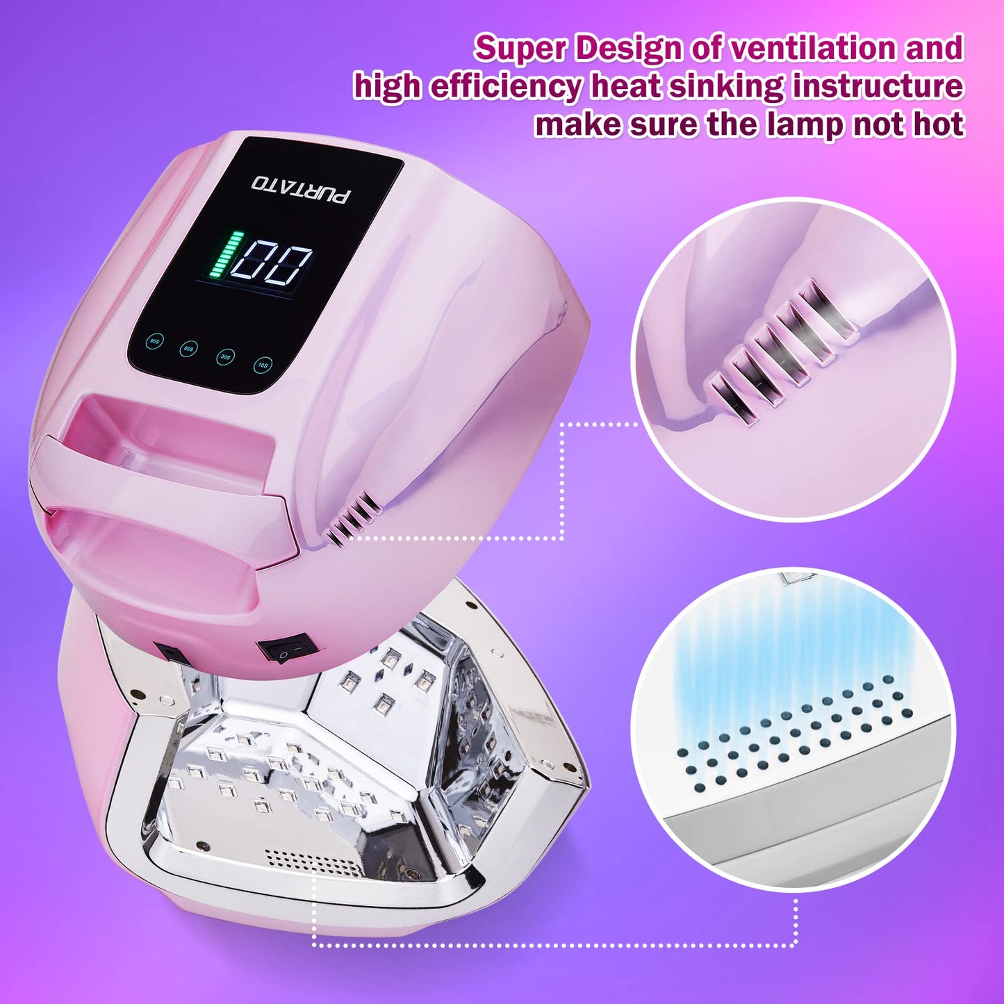 PURTATO Professional Rechargeable 96W UV LED Portable Cordless UV Light for Nail Lamp Machine with Removable Stainless Steel Bottom,4 Timer Setting and Smart Sensor Nail Dryer (Plating Pink)