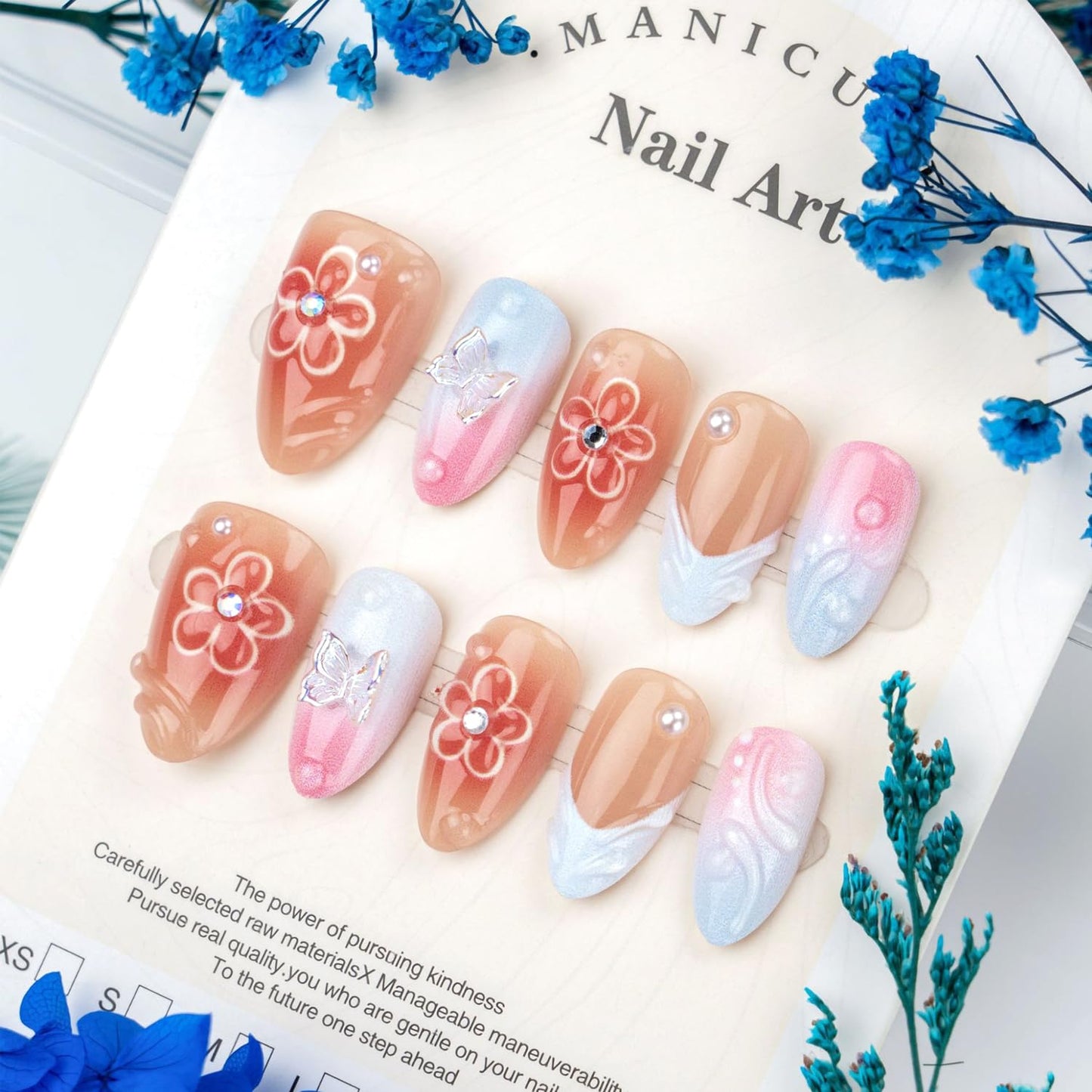 30Pcs Summer Press on Nails Medium Almond Fake Nails 3D Butterfly Flower Design Colorful French Tip False Nails Rhinestone Acrylic Nails Water Ripples Pink Gradient Flowers Stick on Nails for Women