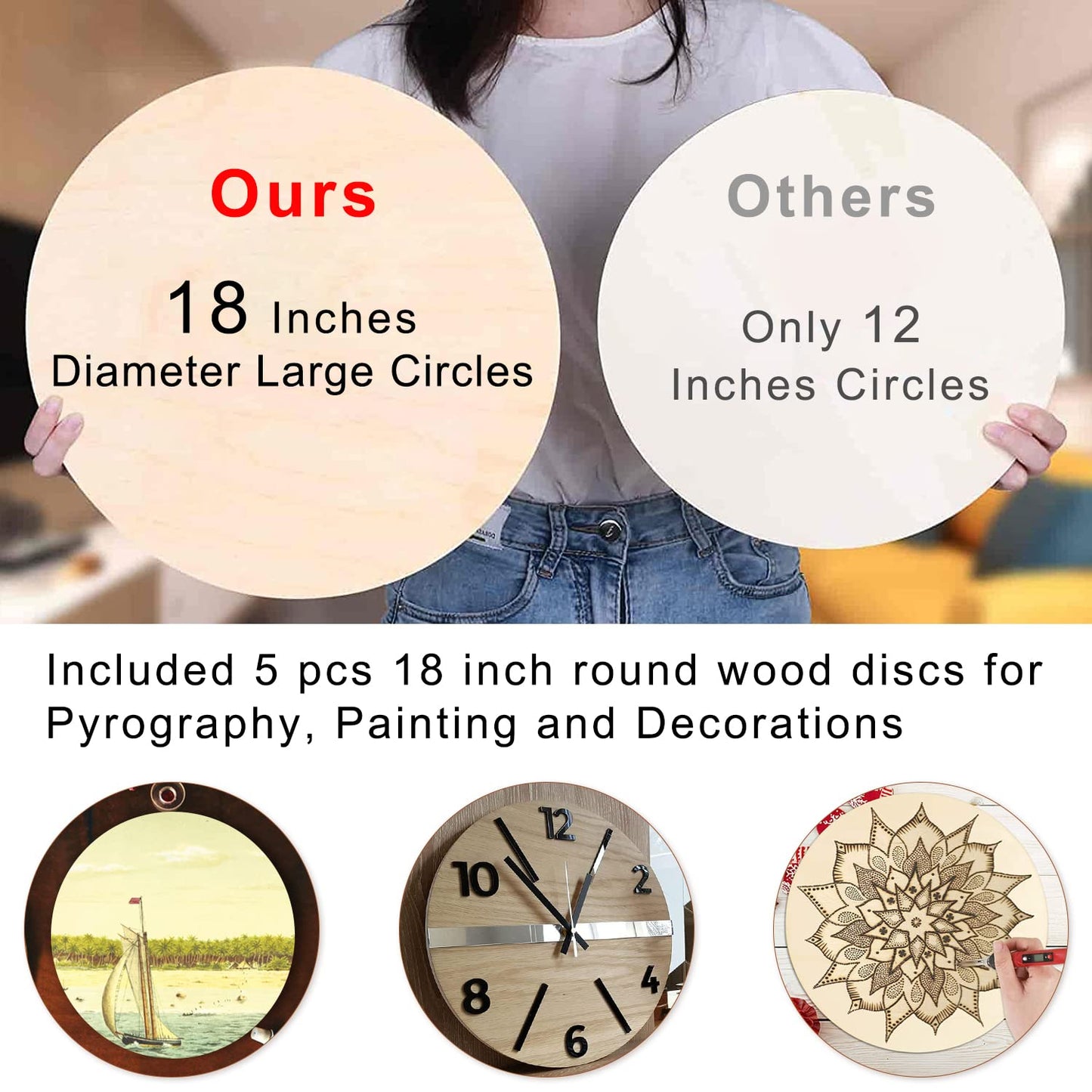 Round Wood Circles for Crafts 18 Inch,Ylibtool 5 Pack Unfinished Rounds Wood Discss Sign Blank for Crafts, Door Hanger, Door Design,Burning,DIY Projects