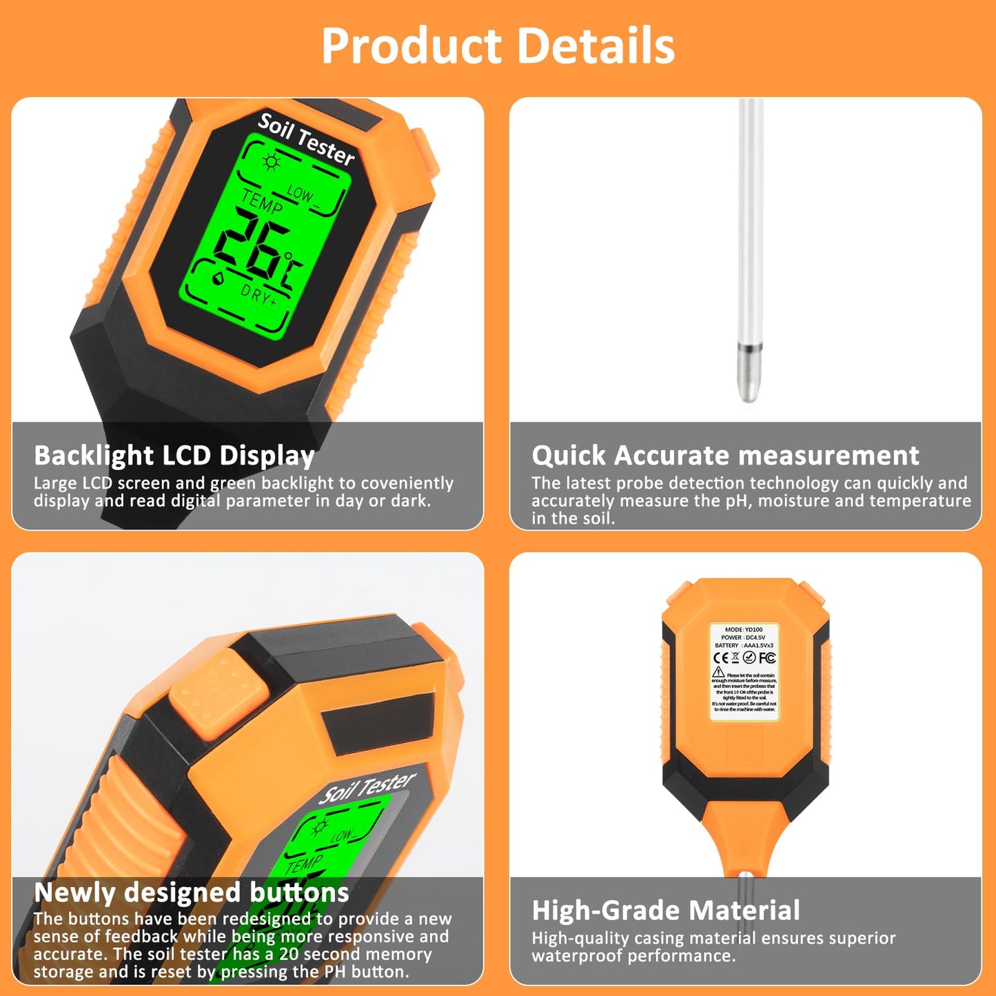 4-in-1 Soil Moisture Meter Digital PH Meter/Soil Moisture/Plant Temperature/Sunlight Intensity, Backlight LCD Display, Soil Test Meter for Garden, Lawn, Plant Care, Farm and Indoor Outdoor Plants