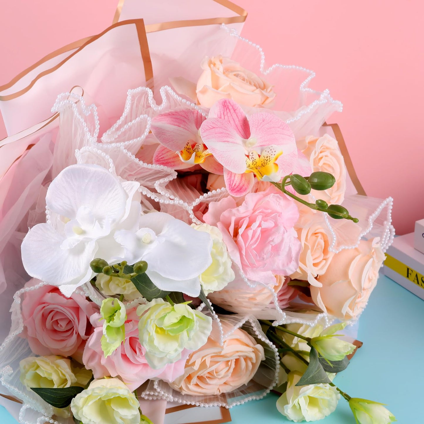 IWOLOMI 6 Pack Flower Wrapping Mesh Paper, 26.2 Yard Pearl Edge Bouquet Wrapping Packaging Mesh Paper Wrinkled Translucent for Florist Supplies Mothers Day Wedding Gift Packaging (Pink White Black)