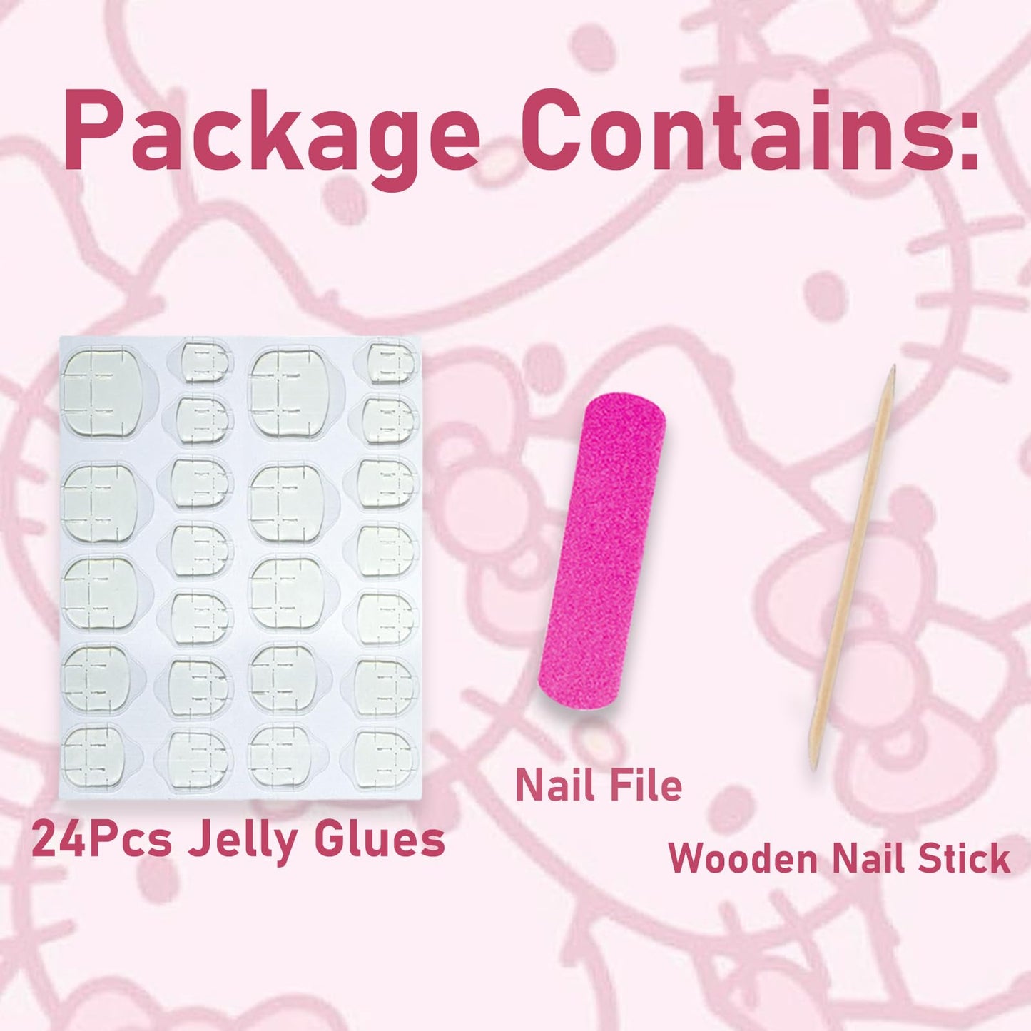 PDFADSK Pink Press on Nails Long Square Coffin Fake Nails Cartoon False Nails with 3D Pearl Nail Charms Design Acrylic Nails Full Cover Pink Artificial Nail for Women 24Pcs