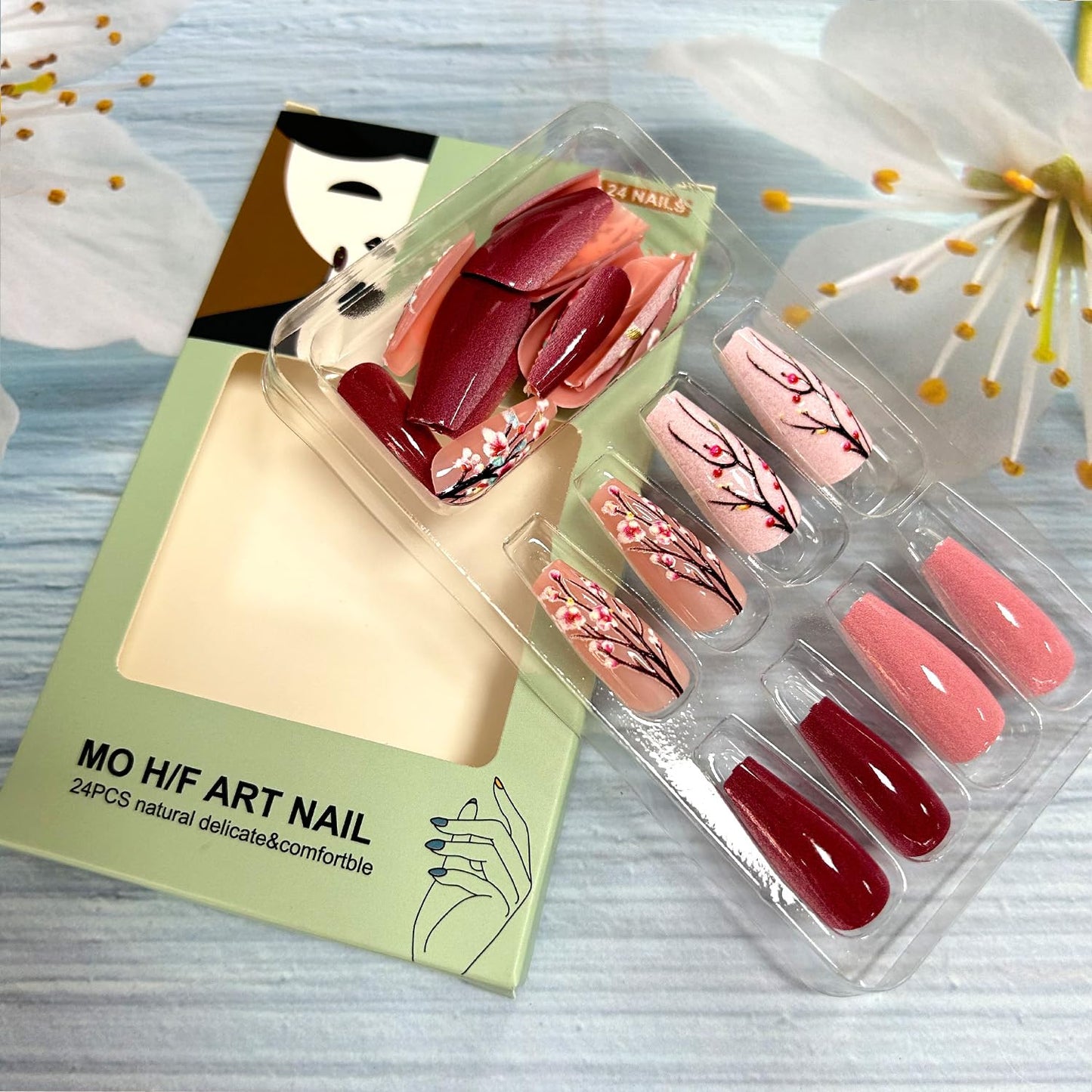 Flower Press on Nails Medium Ballet Shaped Pink Plum Bossom Pattern Design Spring Acrylic False Nails Full Cover Glossy Blossom Artificial Fingernails DIY Reusable Glue on Nail for Women 24Pcs