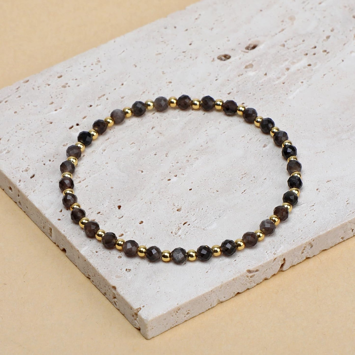 QOGIR Silver Obsidian - Fortune and Strength - 14K Gold Plated Beads Natural Gemstone Stretch Elastic Dainty Healing Beaded Bracelets Gifts 4mm