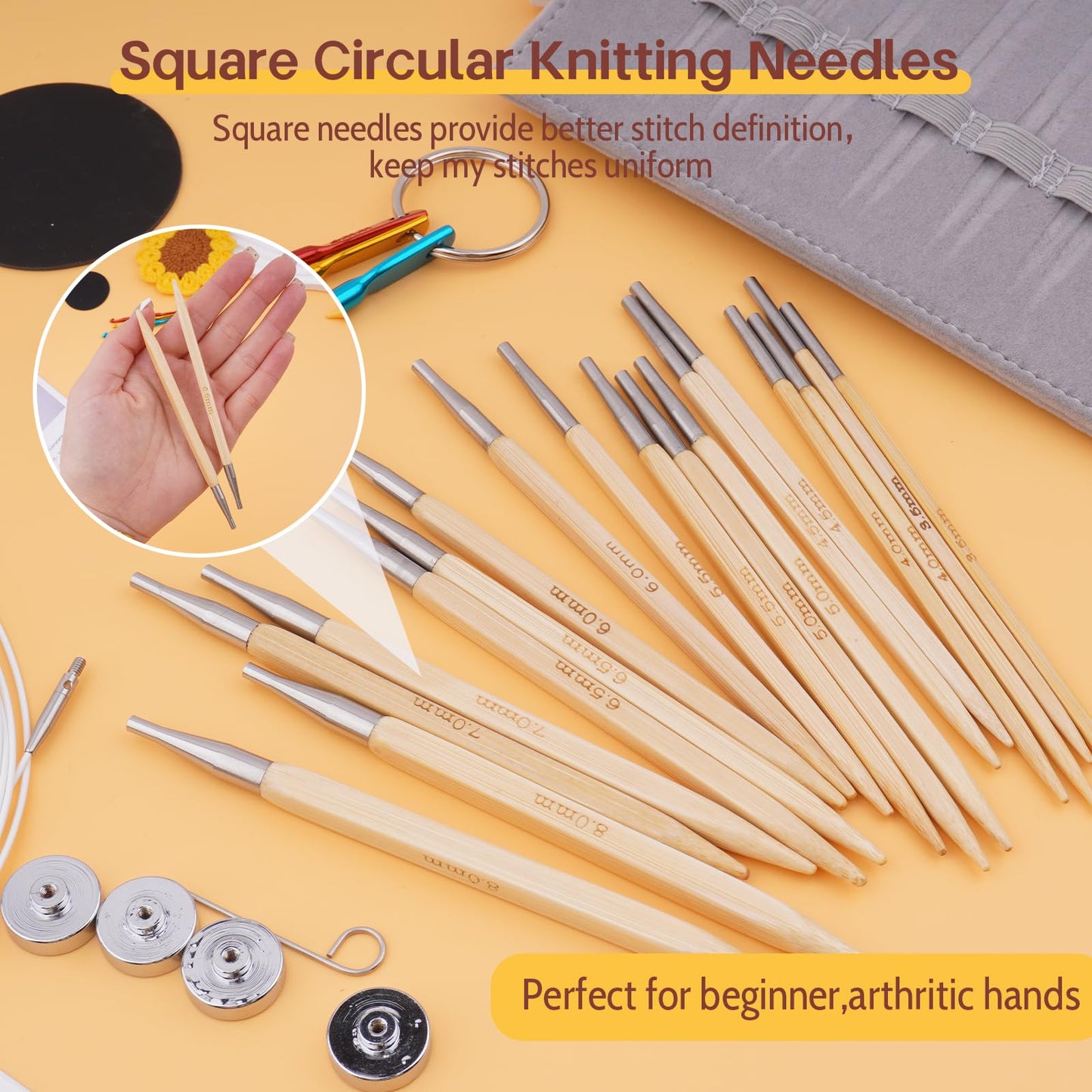 Mdoker Bamboo Knitting Needles Set with Case Interchangeable Circular Knitting Needle with Flexible Cables,9 Pairs Square Round Knitting Needles Cubic Circular Needle for Beginner,DIY Crafts,3.5mm-8mm