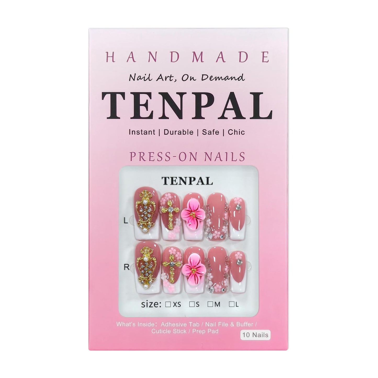 TENPAL Squoval Press on Nails Medium - White French Tips with 3D Cross & Floral Lace, Reusable & Handmade False Nails for Edgy Everyday Wear | Sweet Gothic Style(M)