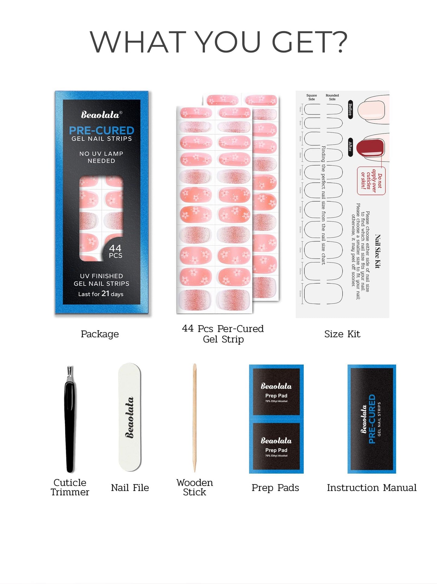 Beaolata Real Gel Nail Strips (No UV Light Needed) - 44Pcs Salon Quality Nail Stickers - Long Lasting Polish Wraps for Women, Easy Apply & Remove (BloomPink)