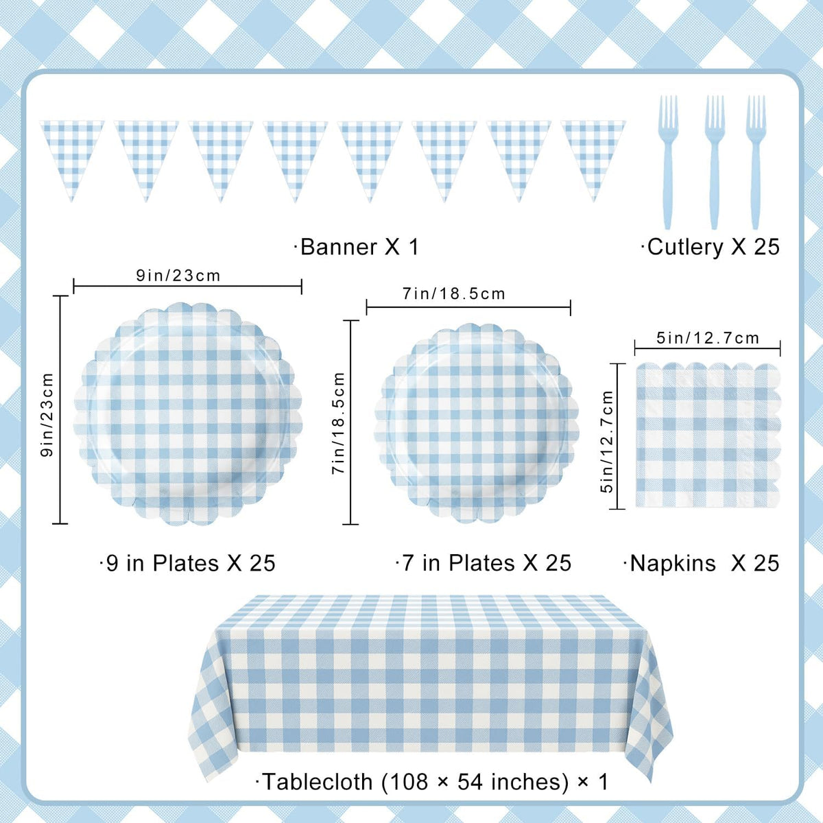 102 PCS Light Blue Gingham Party Supplies - Scalloped Plates, Napkins, Cups, Forks, Banner, Tablecloth for Baby Shower, Wedding, Birthday, Serves 25