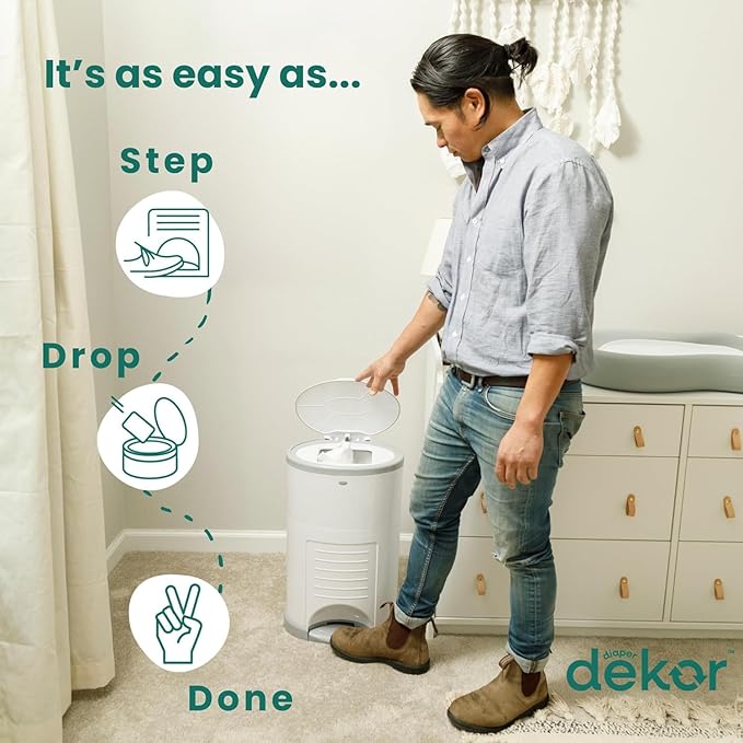 Diaper Dekor EKO MINI Diaper Pail, White, ONLY Eco-Friendly Diaper Pail Made with 70% Recycled Materials, Hands-Free: Step–Drop–Done, Cost-Effective Refill System