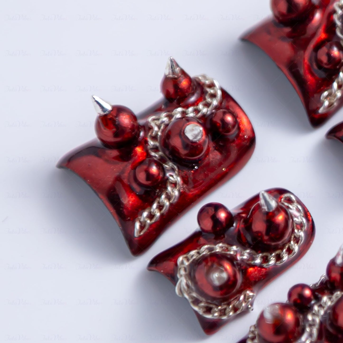IntoVibes 10 Pieces Luxury Acrylic Press On Nails Short Handmade Duck Nails, Red Thickened False Nails, Punk-style Silver Rivets And Chains, Reusable Fake Nails, Acrylic Nails (L)