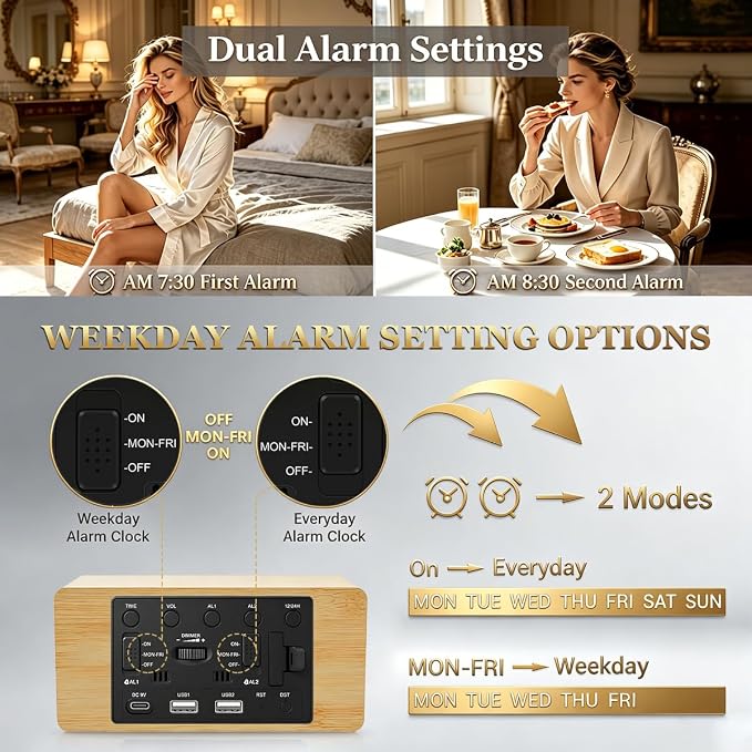 URAYCO Wood Digital Alarm Clock with 10W Fast Wireless Charger, USB Charging Ports, DST, Dimmable, Snooze, Large Number LED Display for Bedrooms, Desk, Living Room Table, Bedside, Nightstand (Bamboo)
