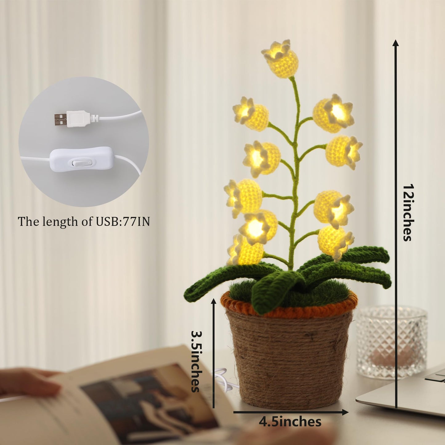 ANZRLE Lily of The Valley Lamp, White Crochet Artificial Flowers with Night Lights, Table Lamp with USB Port -Birthday Gifts for Women,Cozy Home Decor Mothers Day Gifts