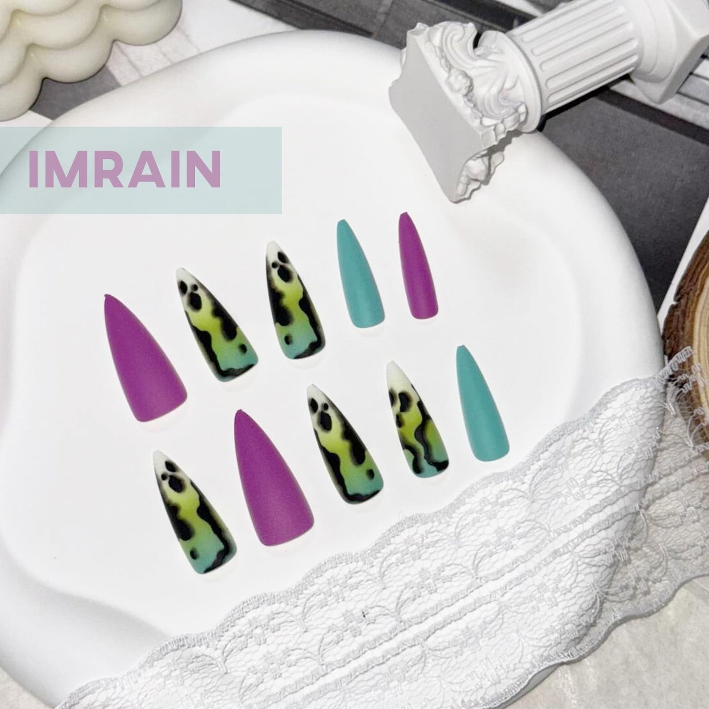 IMSOHOT Press on Nails Long Stiletto Fake Nails Purple Green Ombre Acrylic False Nails Matte Full Cover Glue on Nails