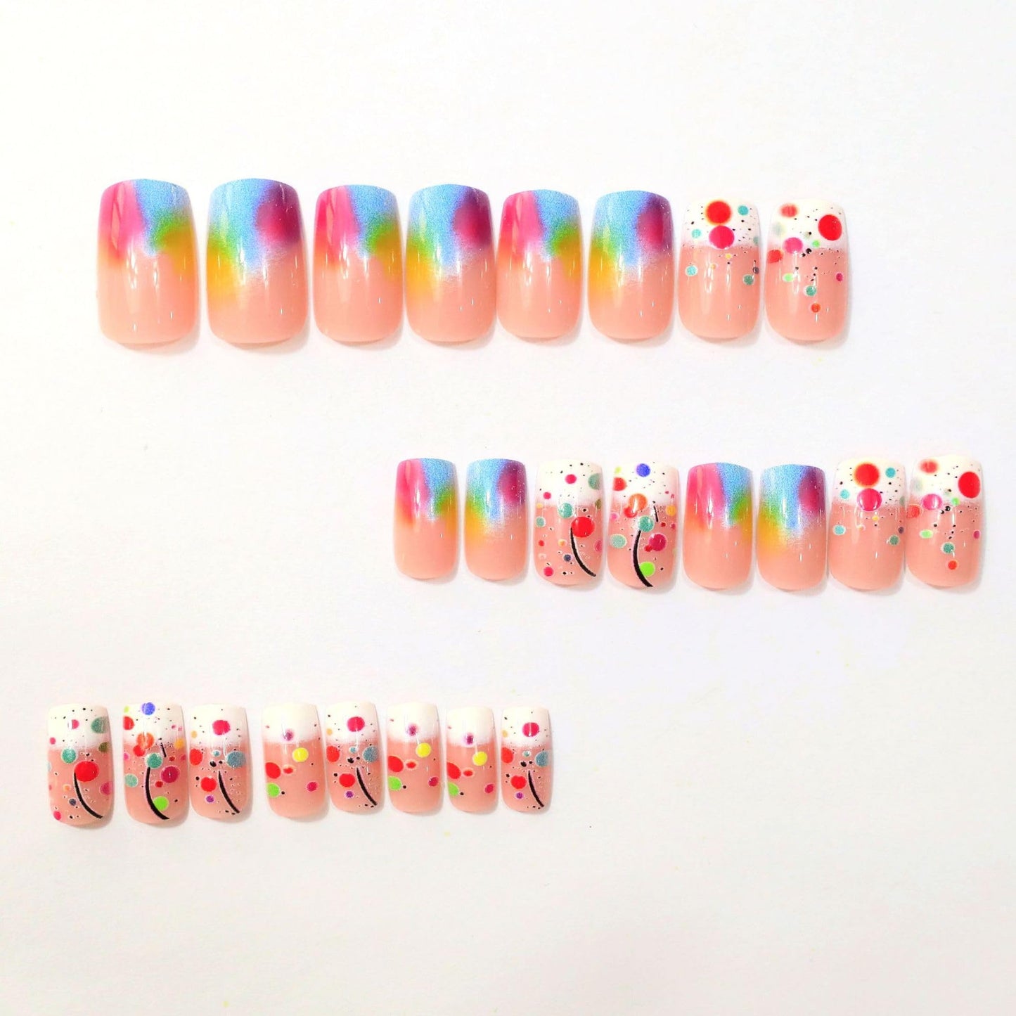 Ombre Press on Nails Medium Square Fake Nails with Colorful Polka Dots Design Acrylic False Nail Glossy Full Cover Stick on Nail Reusable Artificial Summer Nails for Women Manicure 24Pcs
