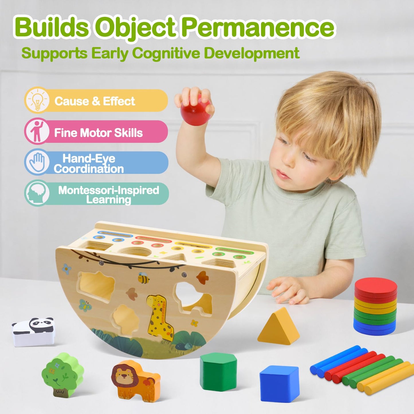 Humerry Montessori Busy Box for Toddlers 1-3, Wooden Object Permanence Coin Box with Shape Sorter & Animal Matching, Sensory Fine Motor Learning Toy with Wobble Base, Gift for 1 2 3 Year Old