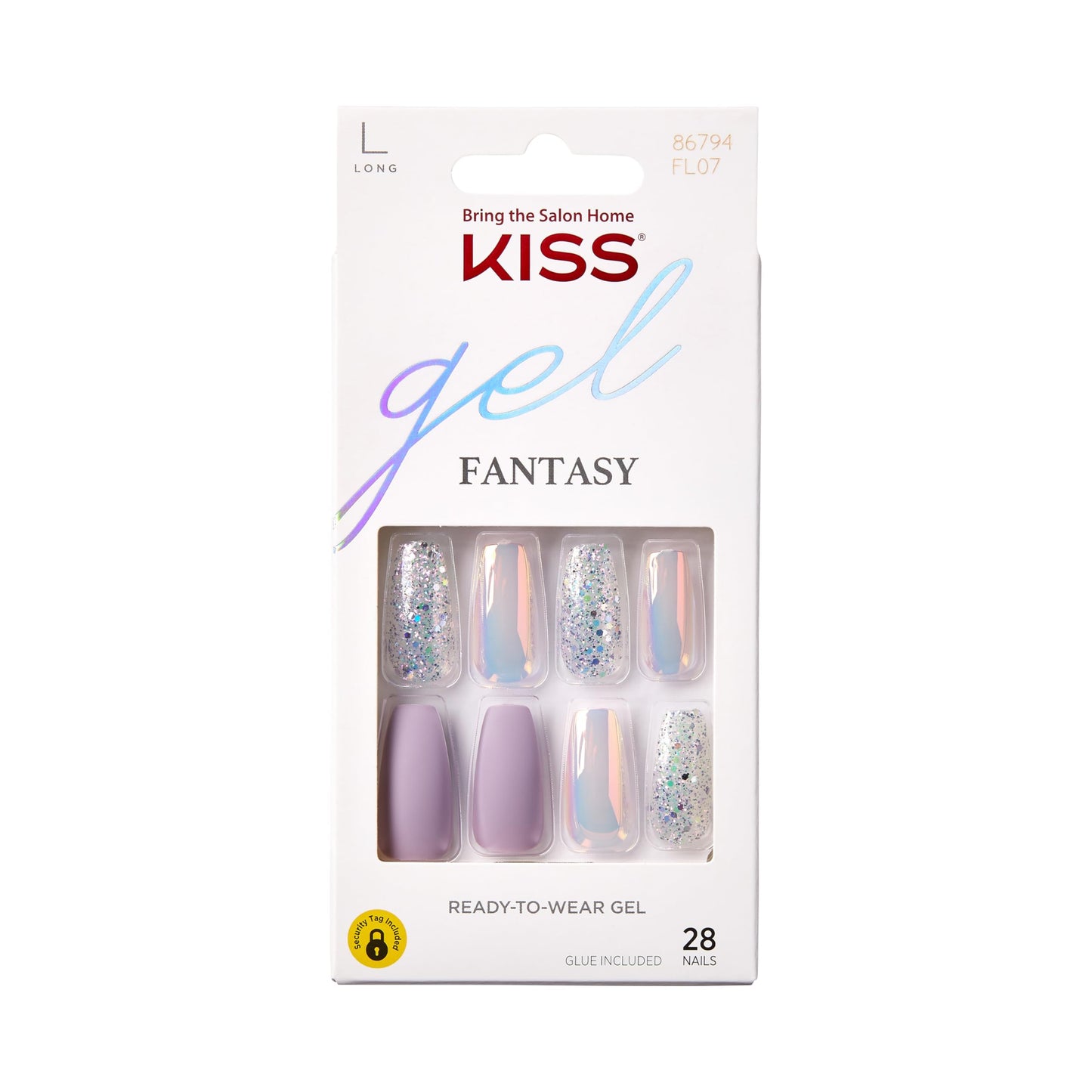 KISS Gel Fantasy Press On Nails, Rainbow Rings, Purple, Long Coffin Shape, Includes 28 Nails, Nail Glue (2g), Manicure Stick & Mini File