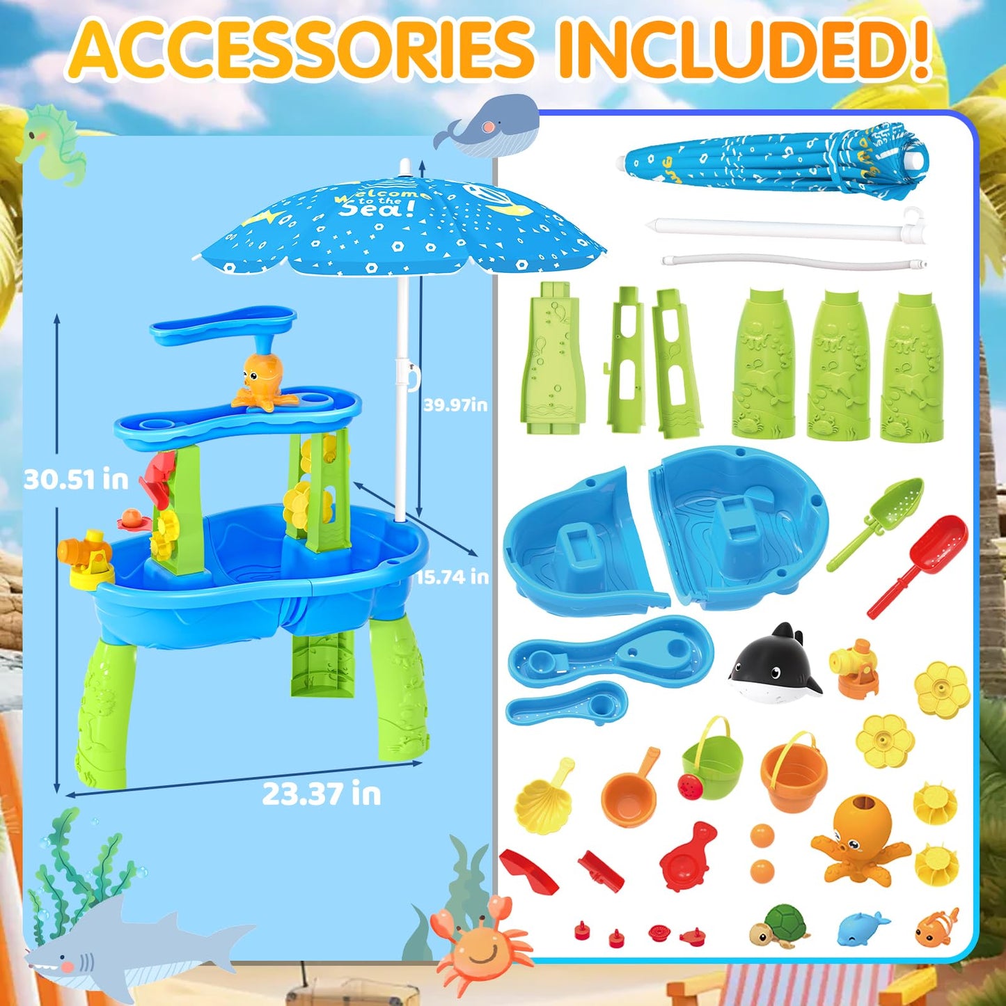 Water Table for Toddlers 3-5, 3-Tier Auto Water-Absorbing Kids Sand Water Table with Water Pump & Umbrella Splash Pond Toy, Activity Sensory Play Table Toys for Outdoor Pool Beach Backyard Summer